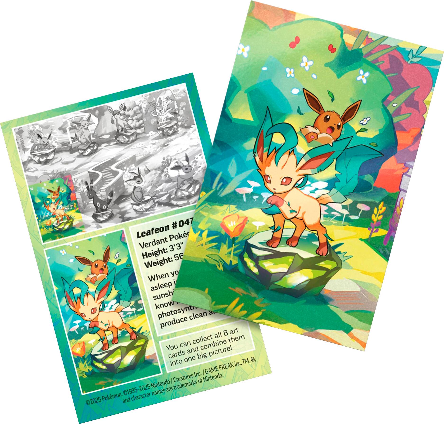 The text on the image reads:

"#047 Leafeon Poker Verdant 3'3" Height: 56 Weight: When you're asleep, sunshine knows photosynthesis can produce art all them can collect and combine. You and picture! cards one big 8. into inc. TM. GAME FREAK Creatures Inc. Nintendo I of Nintendo are trademarks 01995-2025 names 02025 Pokemon and character."

The text is describing a Pokemon card featuring a Leafeon character. The card has a height of 3'3" and a weight of 56. The card is part of the Pokemon trading card game and is produced by Game Freak and Nintendo.