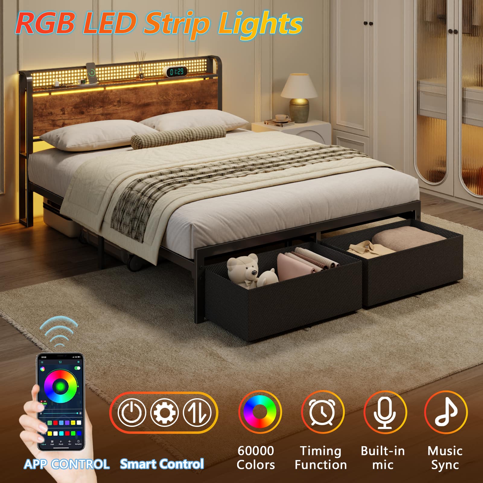 Furnulem - Bed Frame with 2 Underbed Drawers and Open Storage Headboard RGB LED Light and Charging Station - Brown
