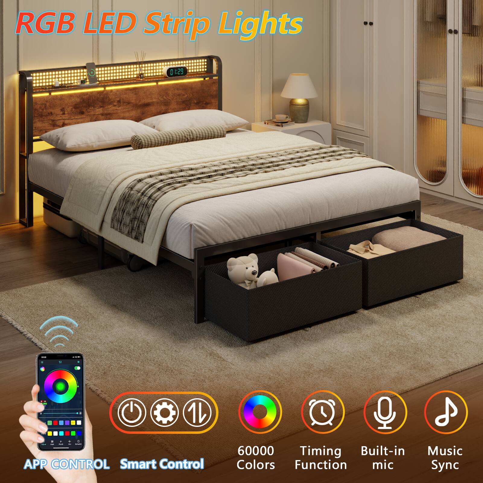 RGB LED Strip Lights

- APP CONTROL
- Smart Control
- 60000 Colors
- Timing Function
- Built-in mic
- Music Sync