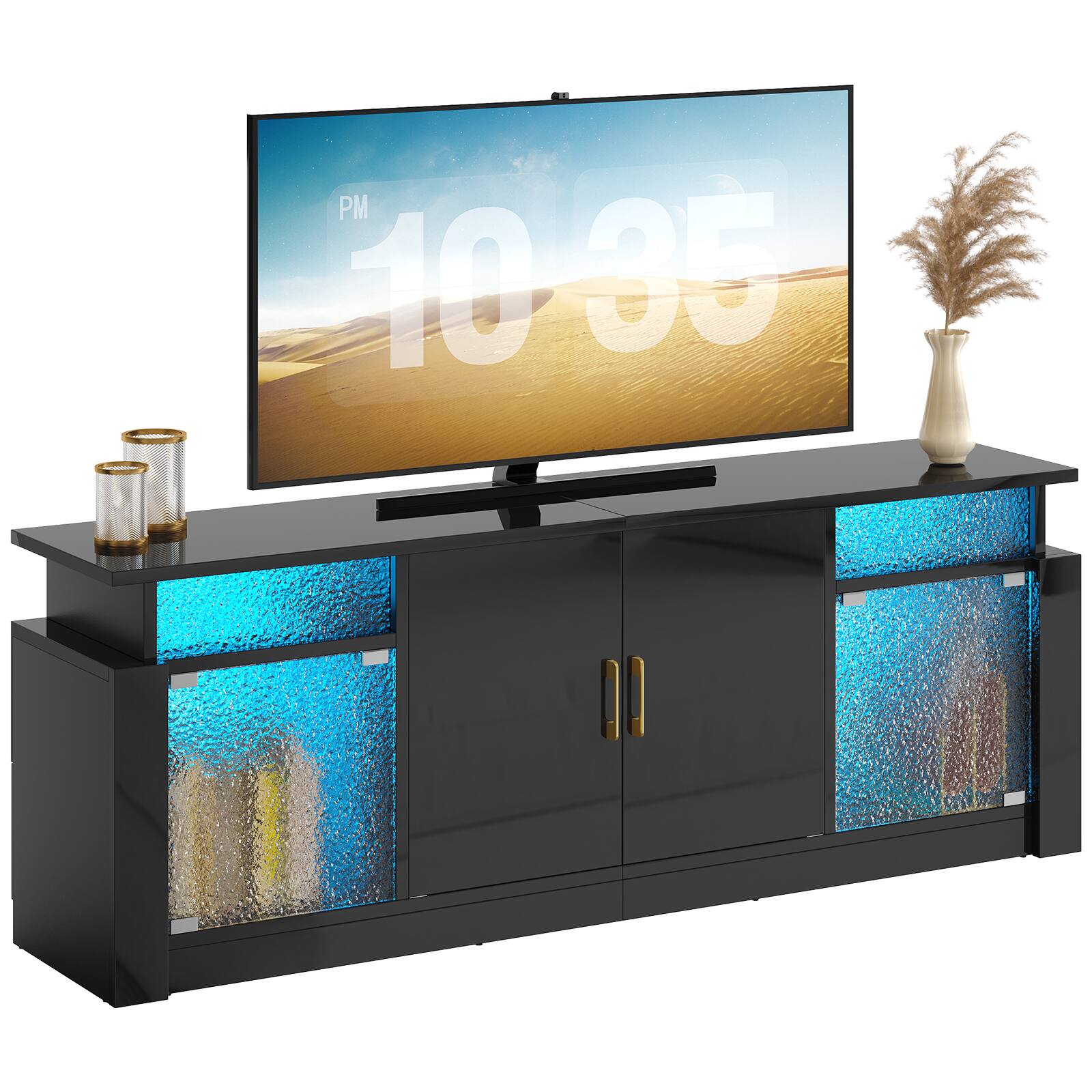 Back. Bestier - Modern 55-70" TV Stand with RGB LED, spacious storage, adjustable shelves & glossy acrylic doors for living room/bedroom - Black.