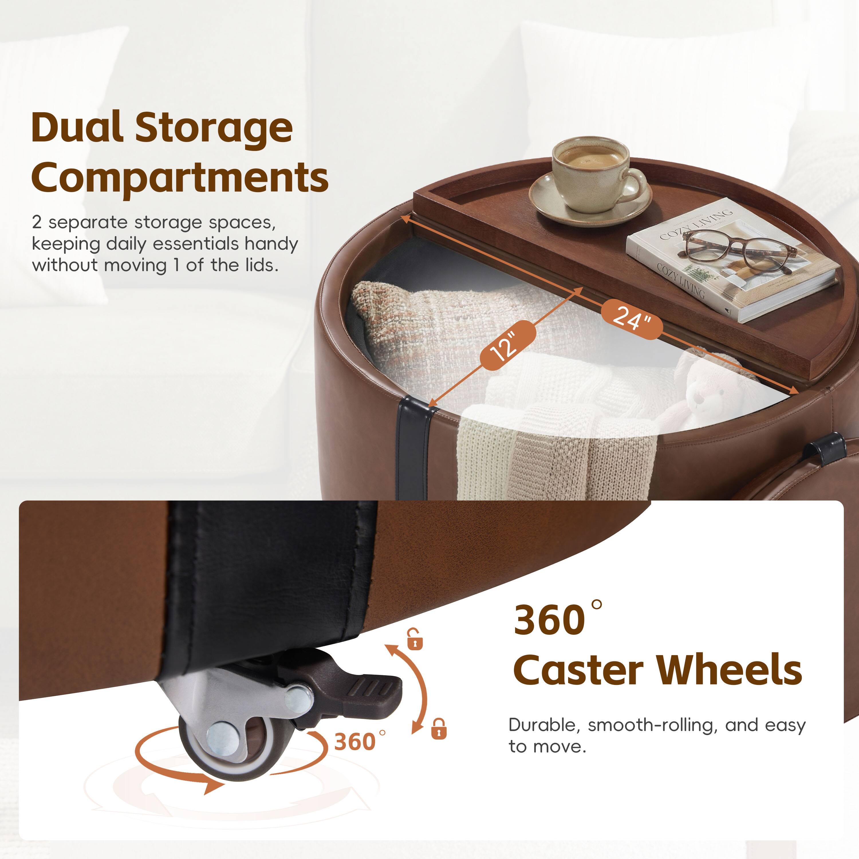 Dual Storage Compartments  
2 separate storage spaces, keeping daily essentials handy without moving 1 of the lids.  

12" x 24"  

360° Caster Wheels  
Durable, smooth-rolling, and easy to move.