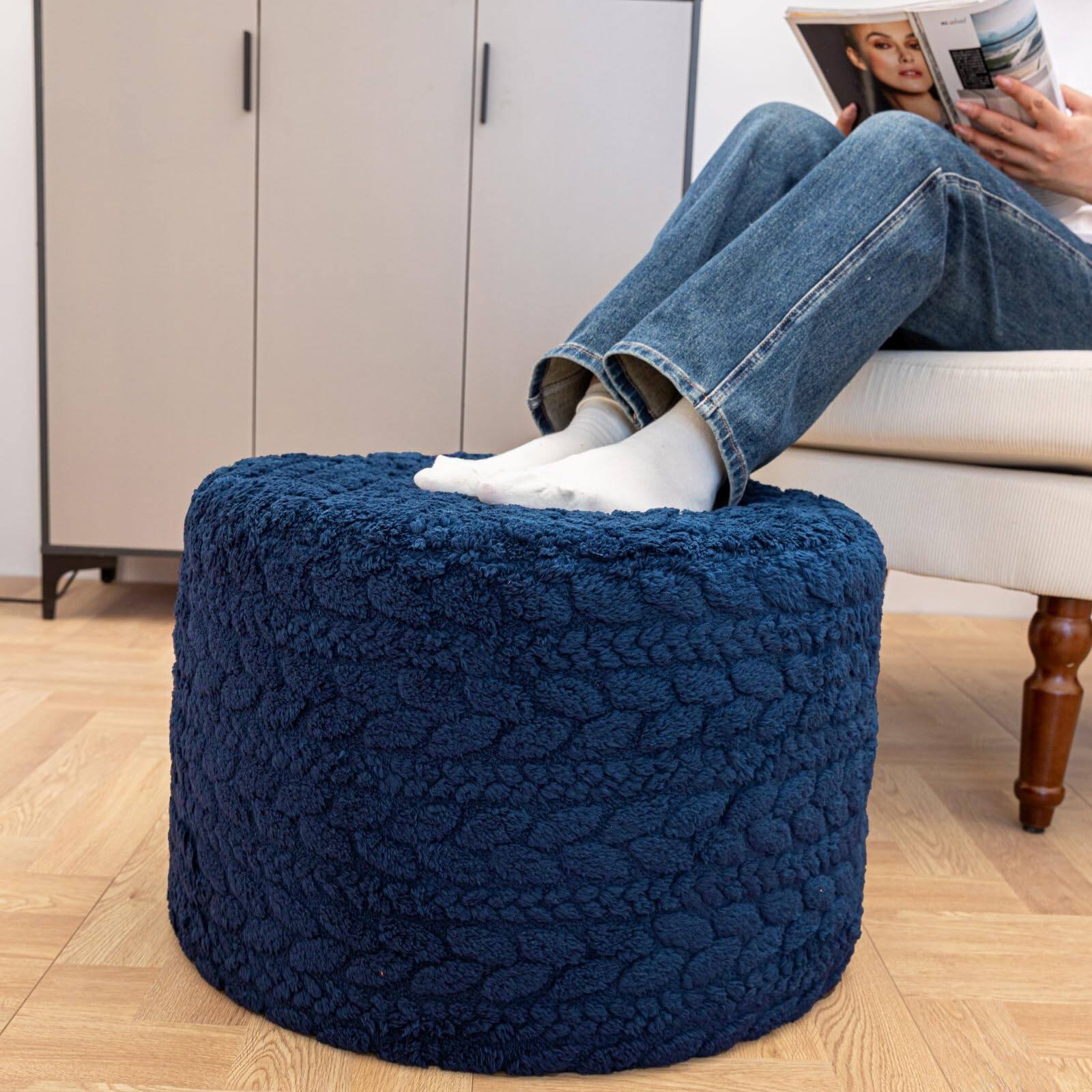 Front. Fabibe - Round Pouf Ottoman 20 x 20 x 14 Inches Boho Poof Home Decor Floor Pouffe Ottoman Foot Rest for Couch Sofa Bean Bag... - Dark Blue.