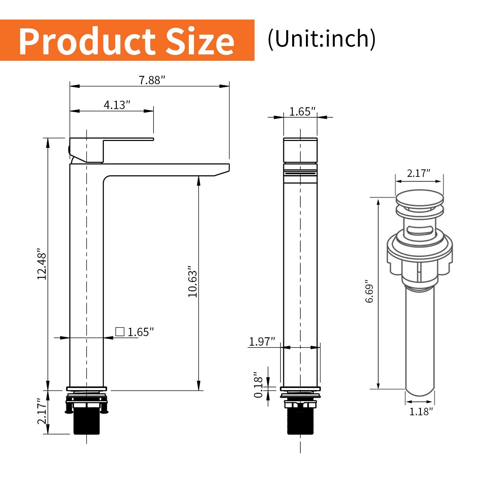 Product Size (Unit: inch)

- 7.88"
- 4.13"
- 12.48"
- 10.63"
- 1.65"
- 1.97"
- 0.18"
- 1.18"
- 1.65"
- 2.17"
- 6.69"
- 2.17"