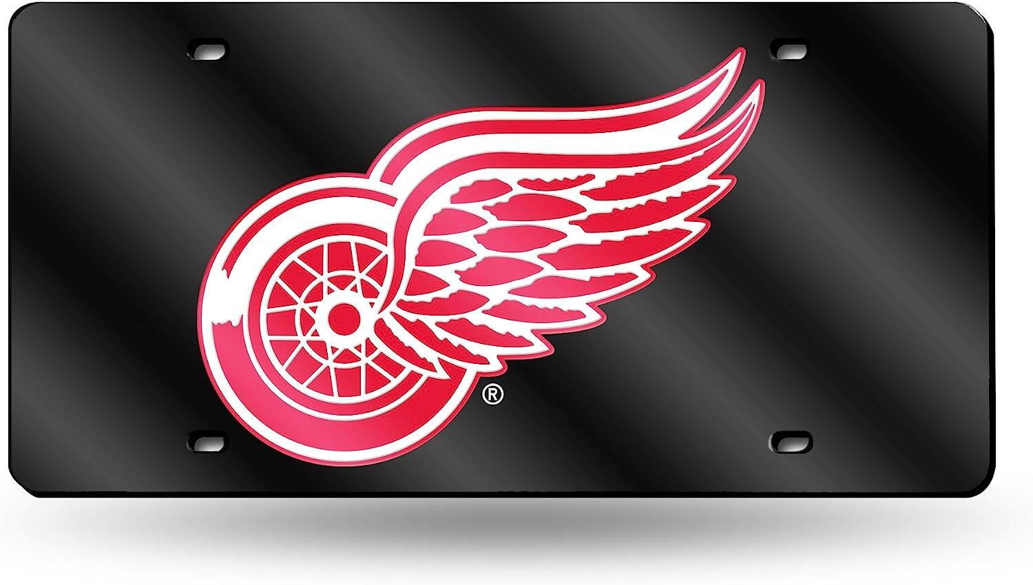 Front. Rico Industries - Detroit Red Wings NHL Black Mirrored Laser Cut License Plate Laser Tag - Multi.