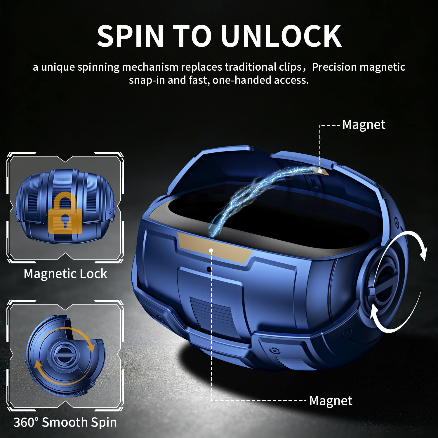 SPIN TO UNLOCK

a unique spinning mechanism replaces traditional clips, Precision magnetic snap-in and fast, one-handed access.

Magnetic Lock

360° Smooth Spin

Magnet