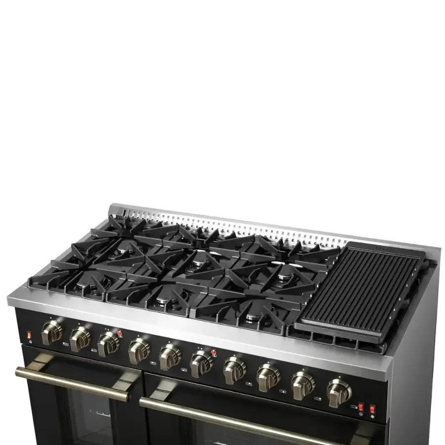 The text on the image reads, "A stainless steel gas stove with a black top and a silver oven door."