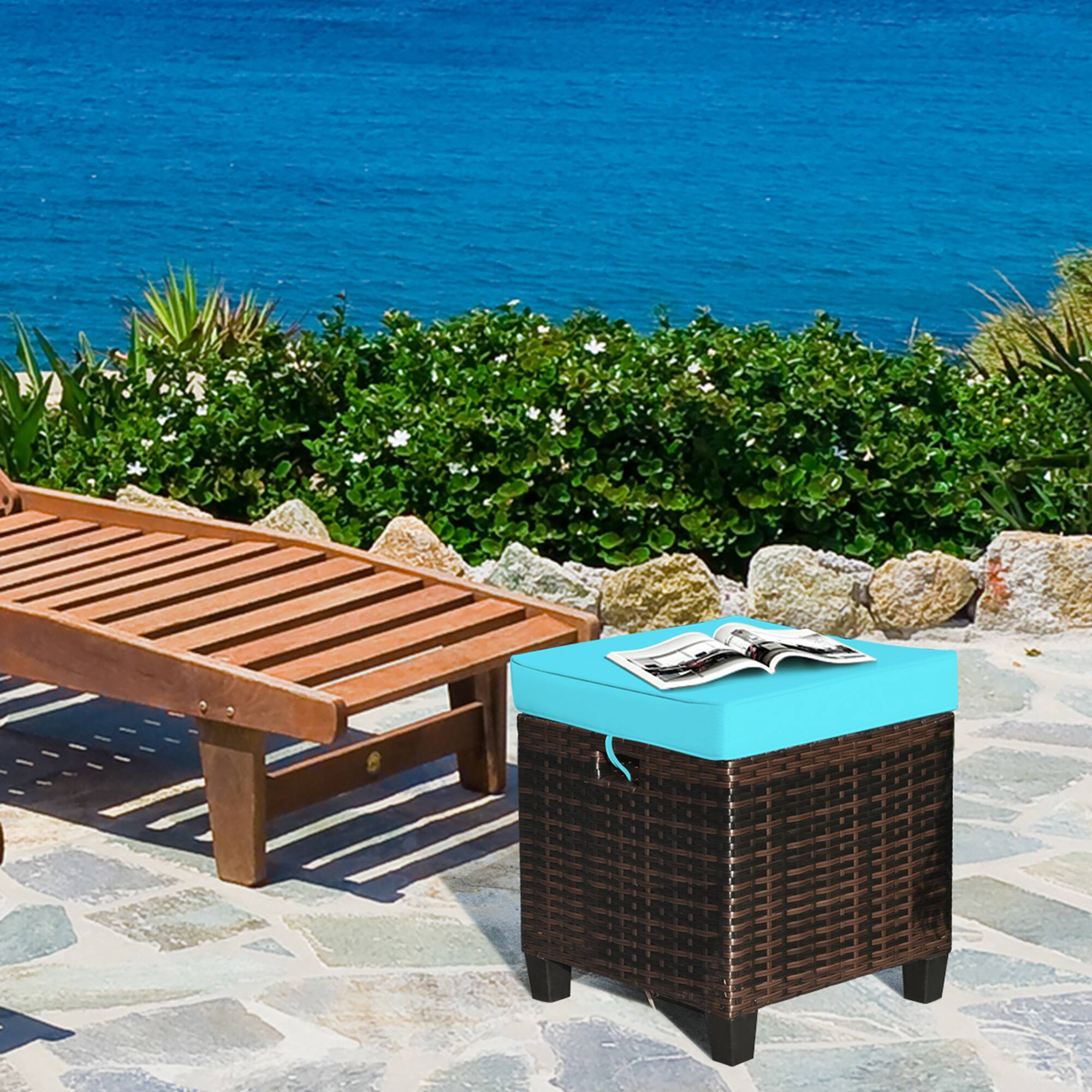 Alt View 3. Gymax - Gymax Set of 2 Patio Rattan Ottoman Footrest Garden Outdoor w/ Turquoise Cushion - Red.