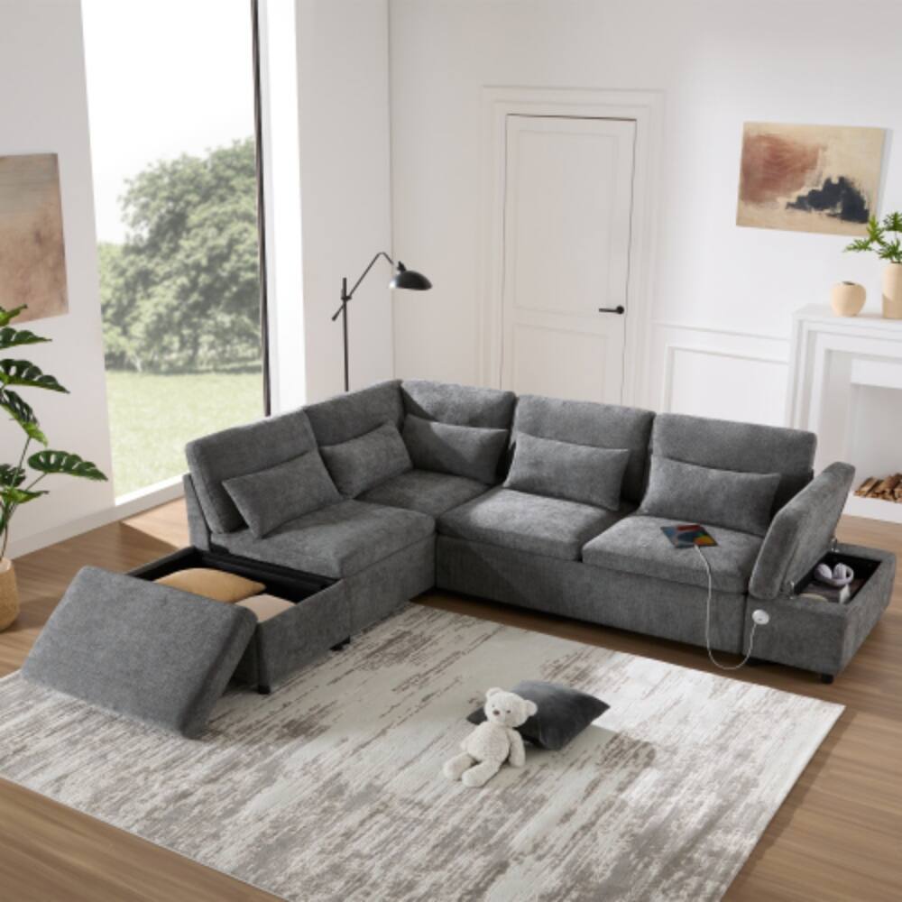 Angle. LUCKY ONE - 107" L-Shape Pull-Out Sleeper Sectional Sofa Bed w/ USB Type-C Storage Ottoman - Gray.