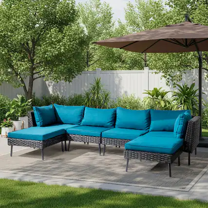 Front. Winado - 6PCS Patio Rattan Wicker Furniture Set with Ottoman, Pillow, Cushions Sectional Sofa Conversation Set for Indoor Outdoor - Black & Peacock Green Cushion.
