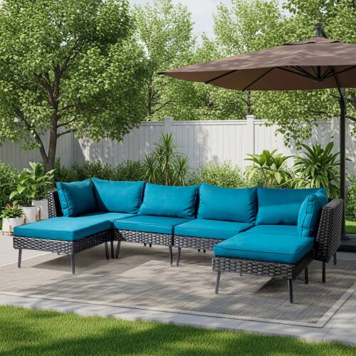 Front. Winado - 6PCS Patio Rattan Wicker Furniture Set with Ottoman, Pillow, Cushions Sectional Sofa Conversation Set for Indoor Outdoor - Black & Peacock Green Cushion.