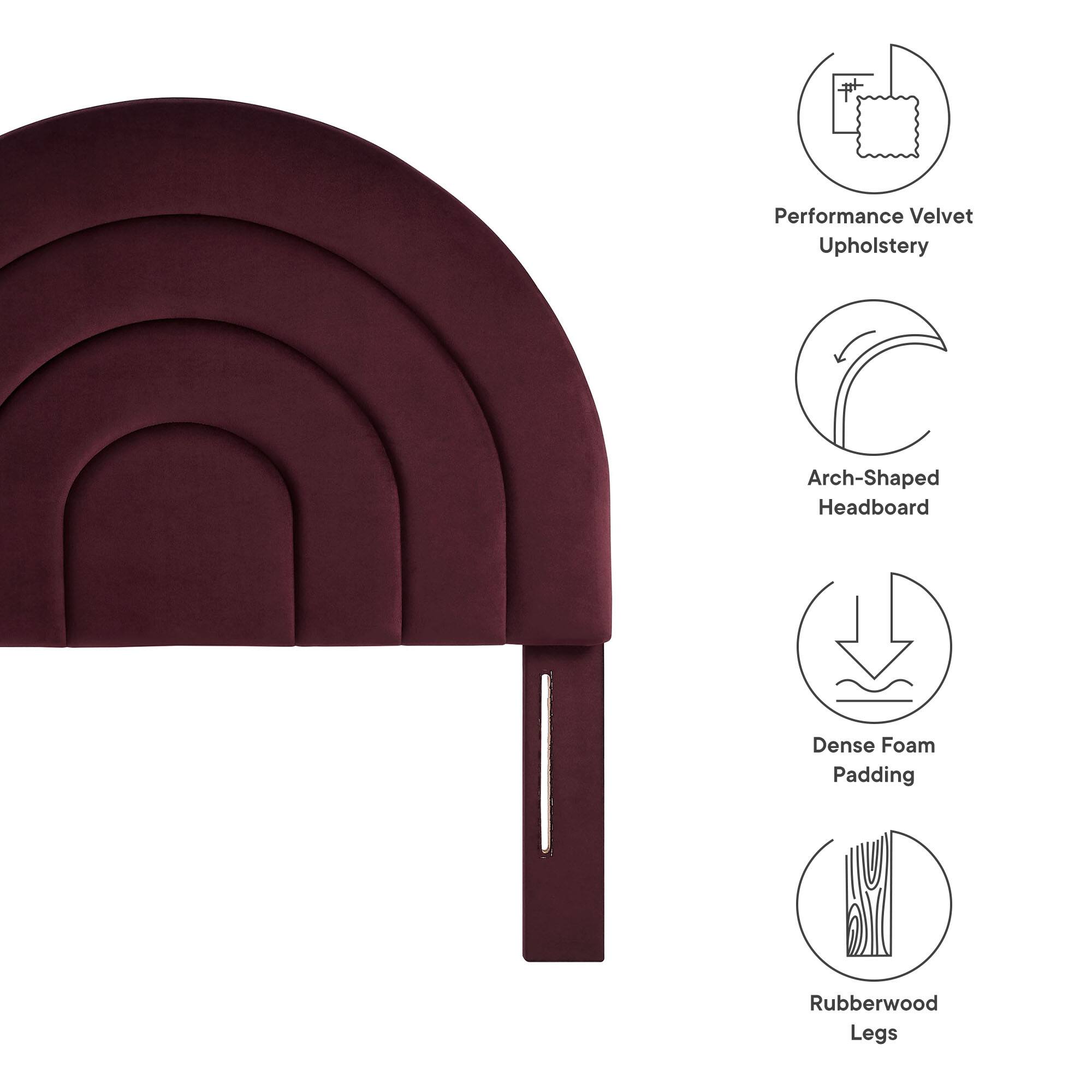- Performance Velvet Upholstery
- Arch-Shaped Headboard
- Dense Foam Padding
- Rubberwood Legs