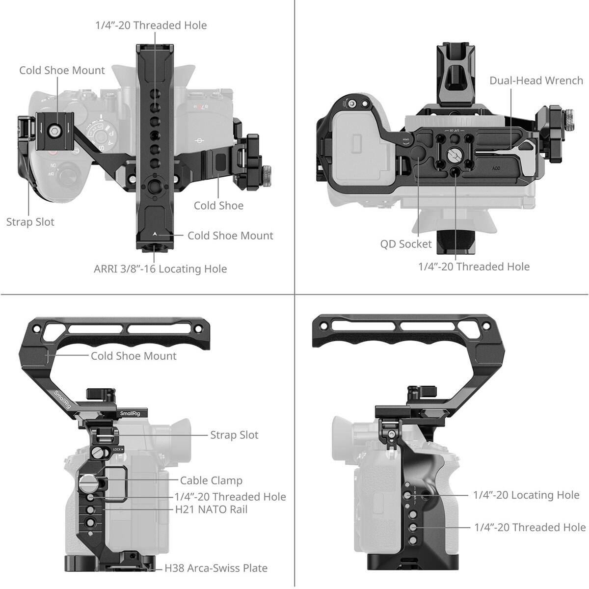 1/4"-20 Threaded Hole  
Cold Shoe Mount  
Strap Slot  
ARRI 3/8"-16 Locating Hole  

Dual-Head Wrench  
QD Socket  

Cable Clamp  
1/4"-20 Threaded Hole  
H21 NATO Rail  
H38 Arca-Swiss Plate