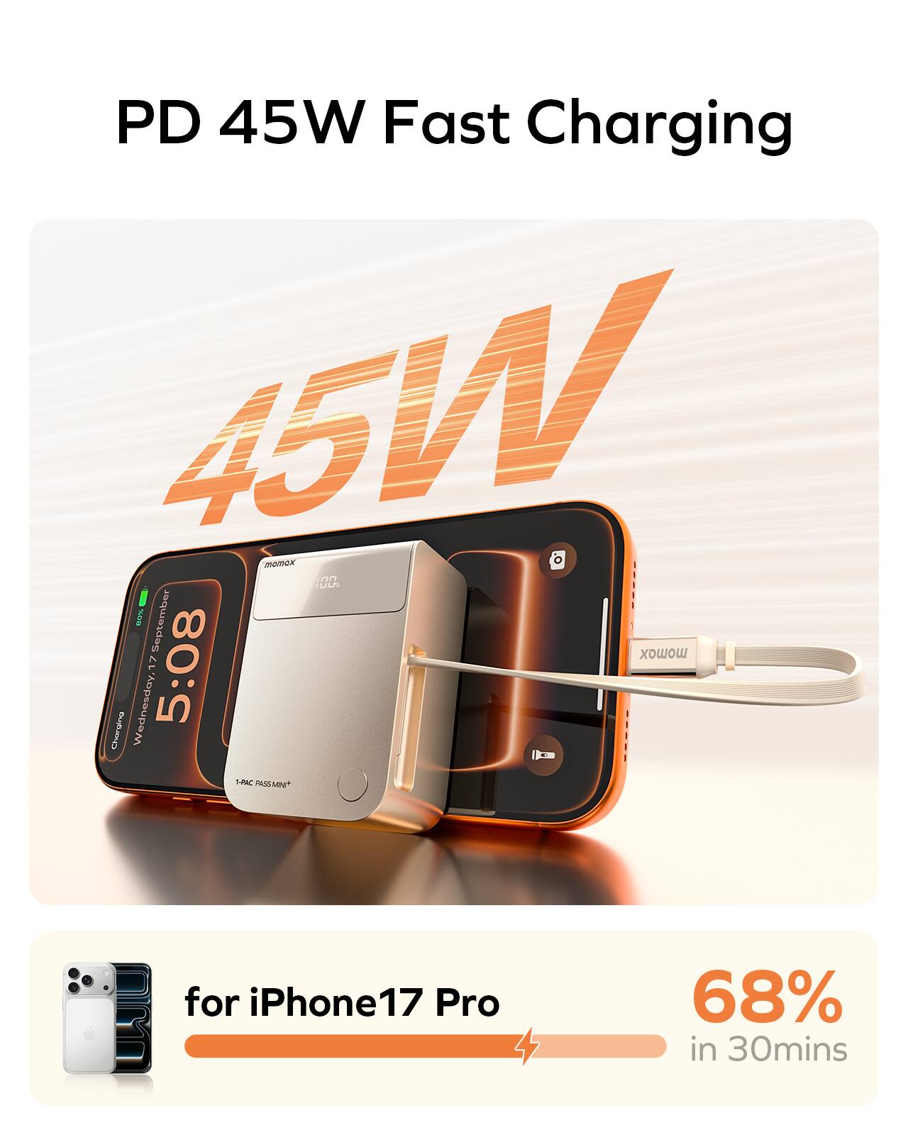 PD 45W Fast Charging

45W

Charging

Wednesday, 17 September

5:08

for iPhone17 Pro

68% in 30mins