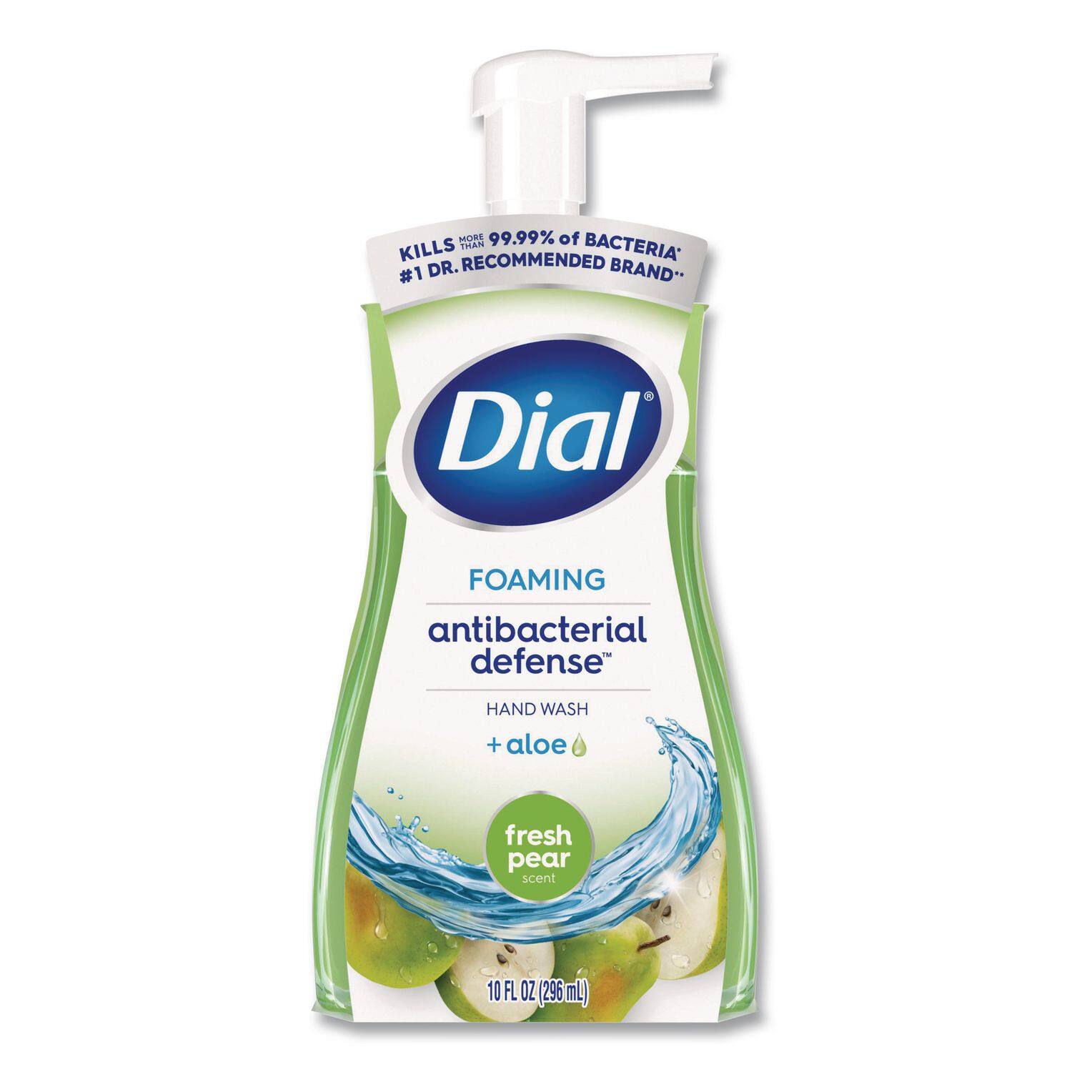 Kills more than 99.99% of bacteria*  
#1 Dr. Recommended Brand*  
Dial  
Foaming antibacterial defense  
Hand wash + aloe  
Fresh pear scent  
10 FL OZ (296 mL)