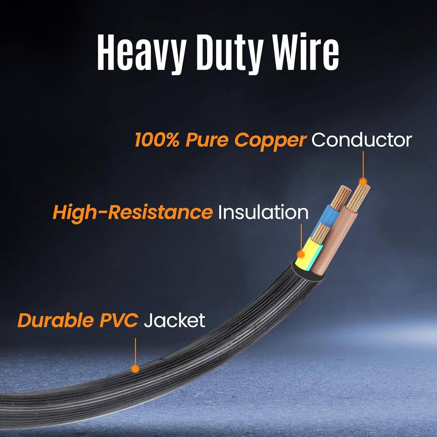 Heavy Duty Wire

- 100% Pure Copper Conductor
- High-Resistance Insulation
- Durable PVC Jacket