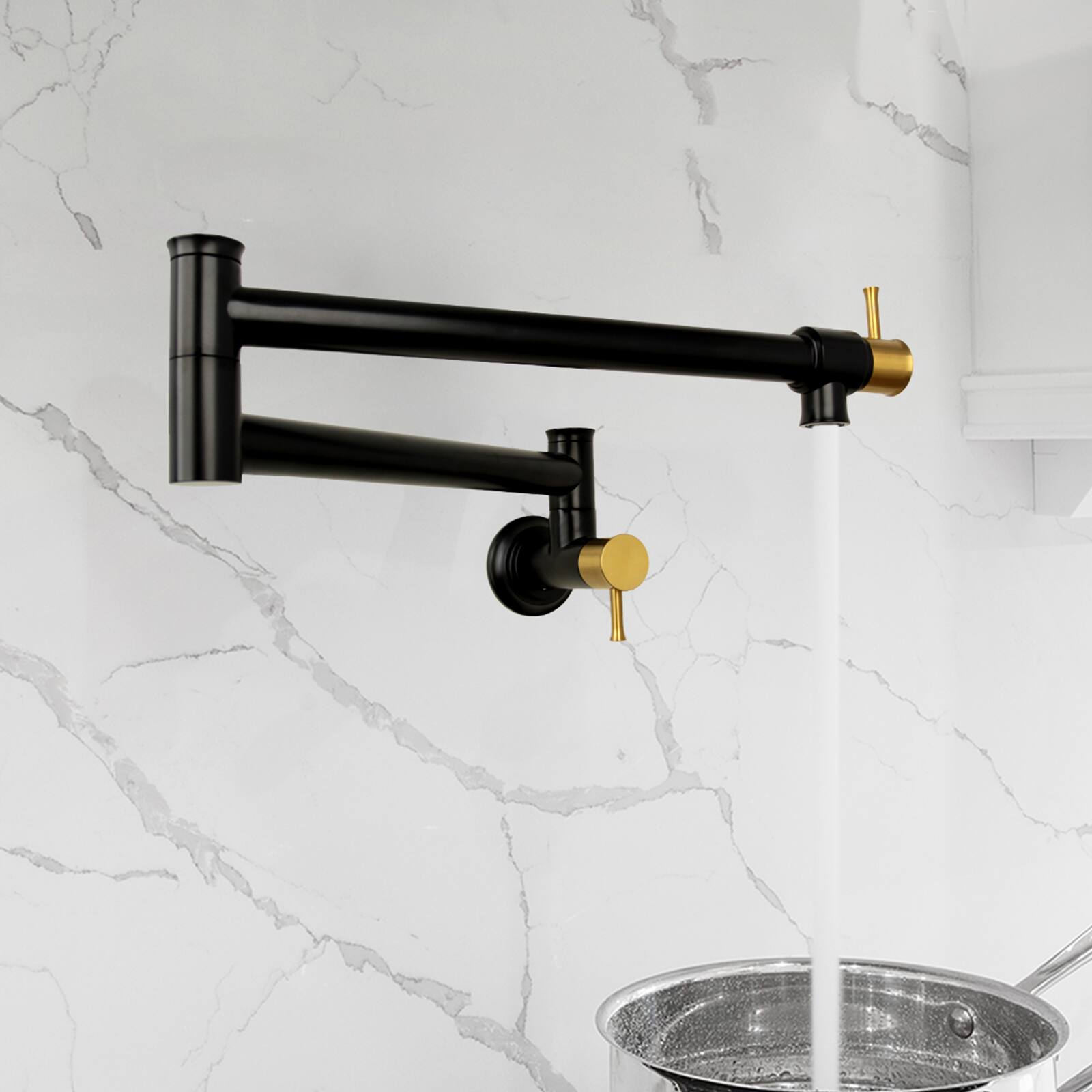 Alt View 3. Akicon - Akicon Solid Brass Wall-Mounted Pot Filler Kitchen Faucet with Two Joint Swing Arms in Matte Black & Brushed Gold - Matte Black & Brushed Gold.