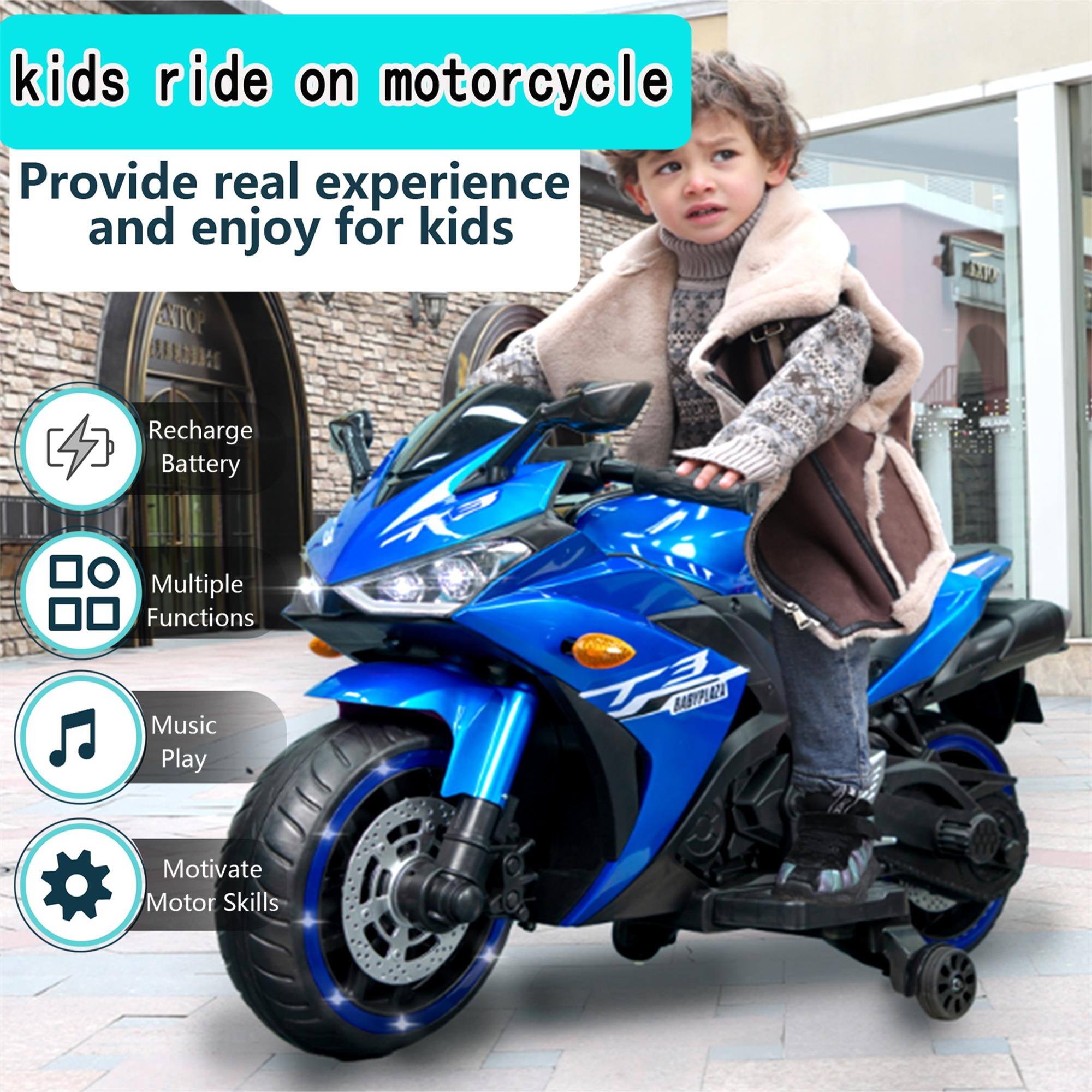 kids ride on motorcycle  
Provide real experience and enjoy for kids  
Recharge Battery  
Multiple Functions  
Music Play  
Motivate Motor Skills
