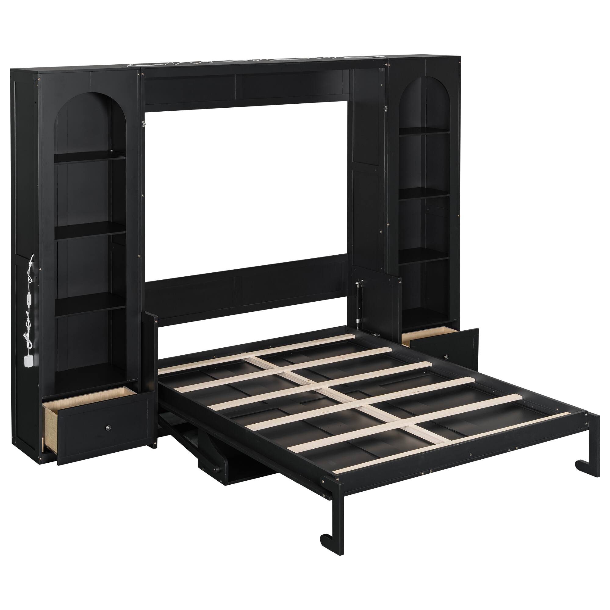 Back. Whisen - Queen Size Murphy Bed with Shelves, Storage Cabinets, Drawers & LED Lights, Wood Platform Bed - Black.
