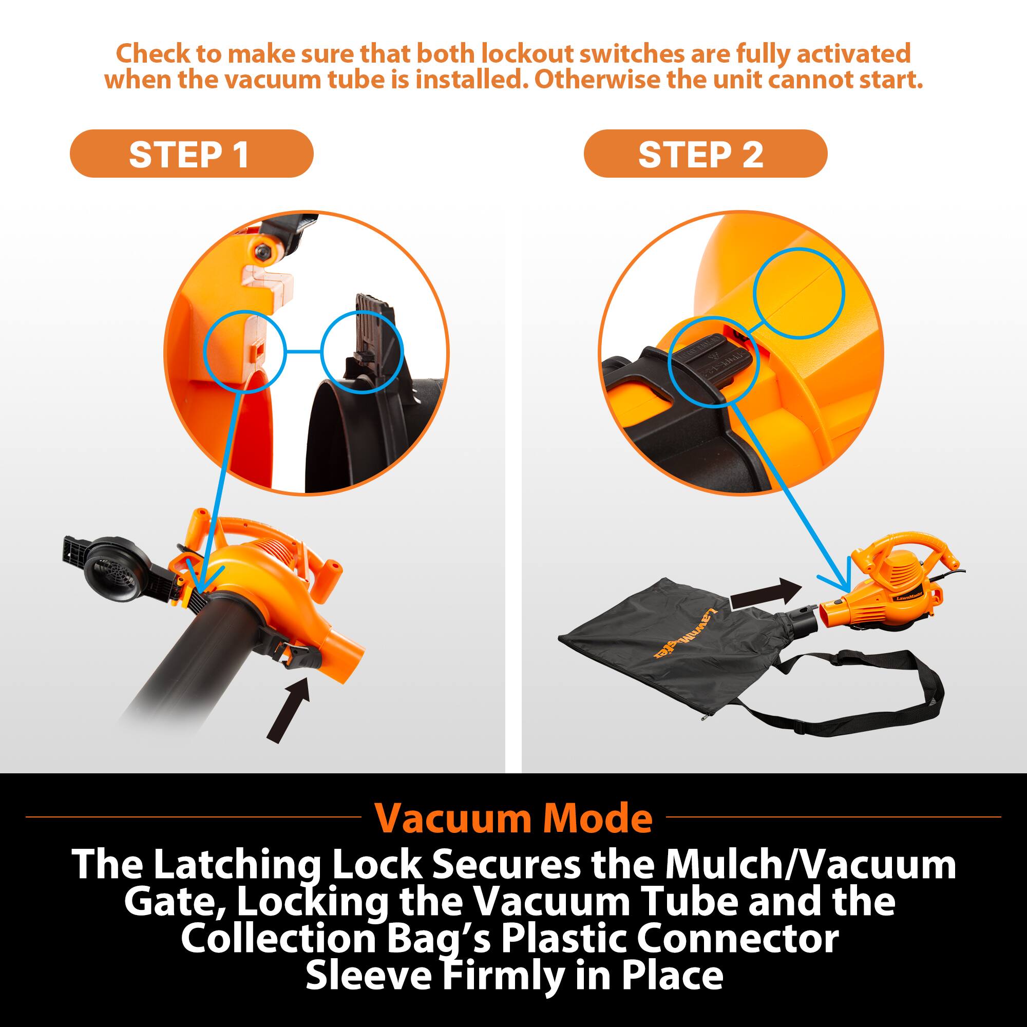 Check to make sure that both lockout switches are fully activated when the vacuum tube is installed. Otherwise the unit cannot start.

STEP 1

STEP 2

Vacuum Mode
The Latching Lock Secures the Mulch/Vacuum Gate, Locking the Vacuum Tube and the Collection Bag's Plastic Connector Sleeve Firmly in Place
