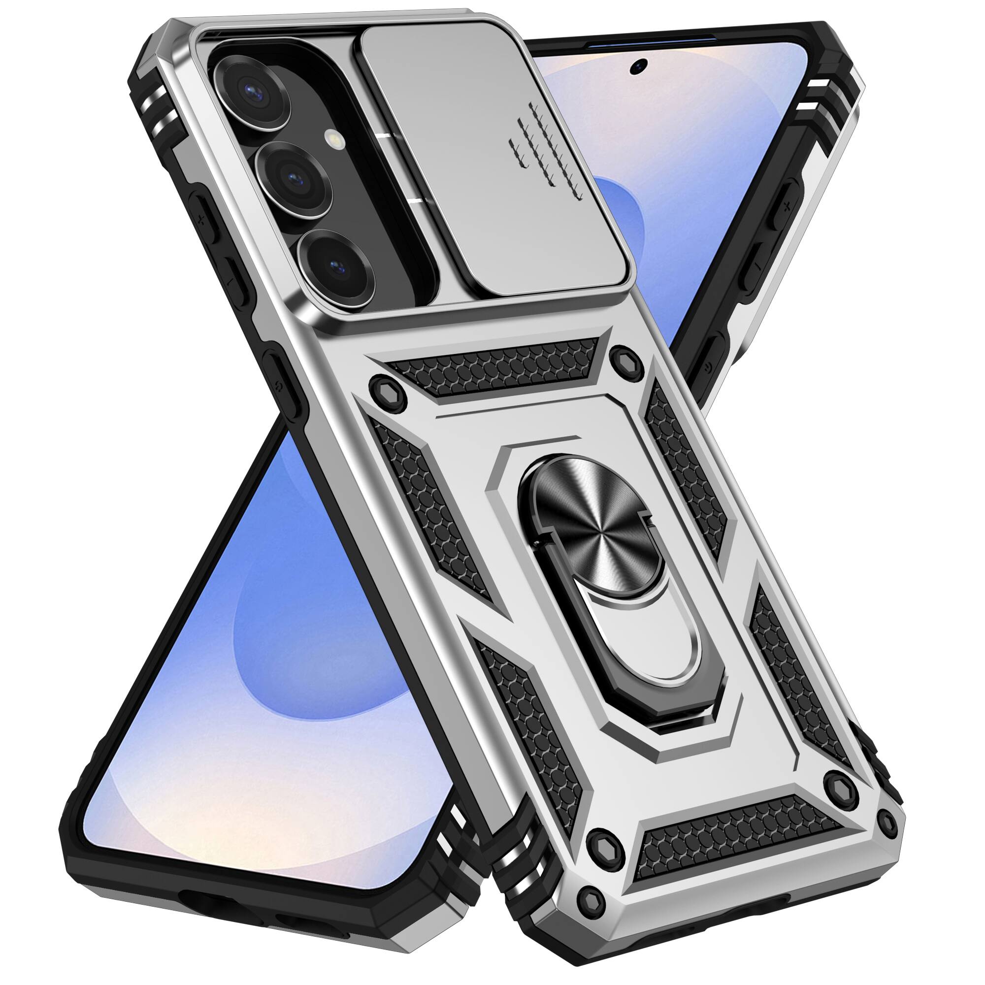 Front. Dteck - Dteck Rotatable Ring Kickstand Case for Samsung Galaxy S24 FE, Heavy-Duty Rugged Slide Camera Back Cover - Silver.