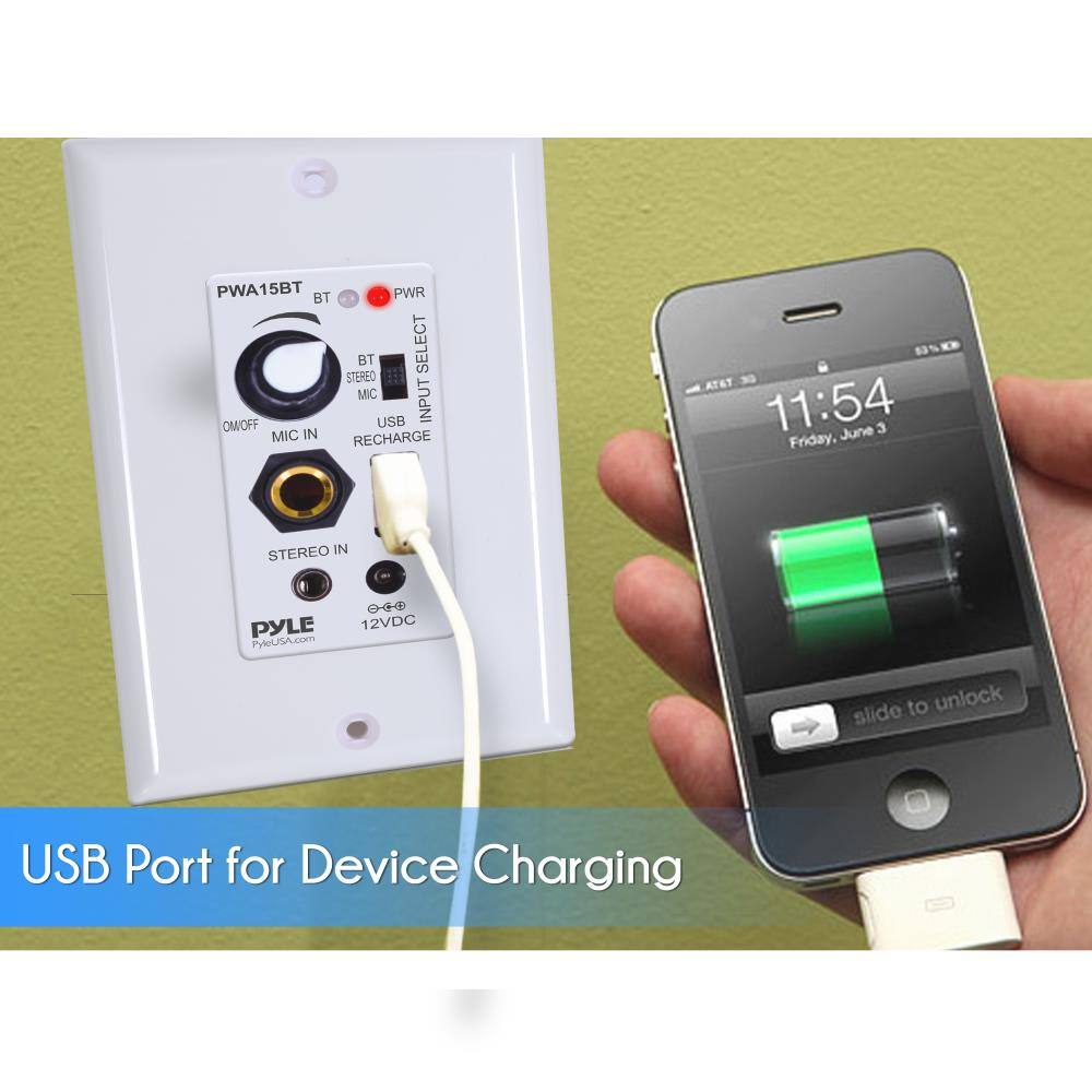 PWA15BT  
BT  
PWR  
BT SELECT  
STEREO MIC  
USB INPUT  
OMOFF  
MIC IN  
RECHARGE  
STEREO IN  
PYLE  
PyleUSA.com  
12VDC  

USB Port for Device Charging  

11:54  
Friday, June 3  
slide to unlock