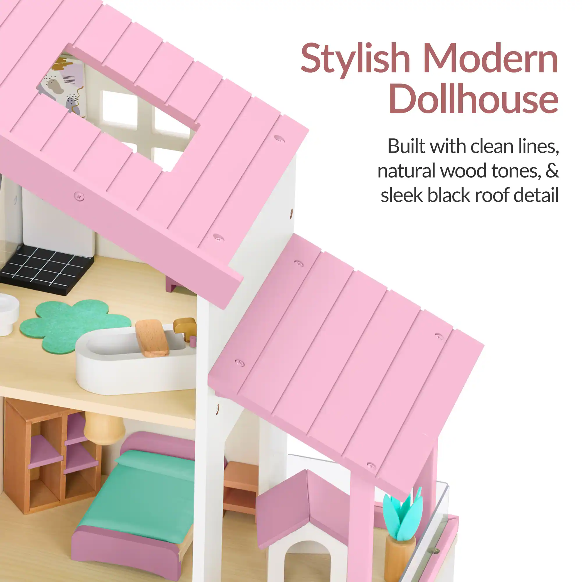 Stylish Modern Dollhouse  
Built with clean lines, natural wood tones, & sleek black roof detail