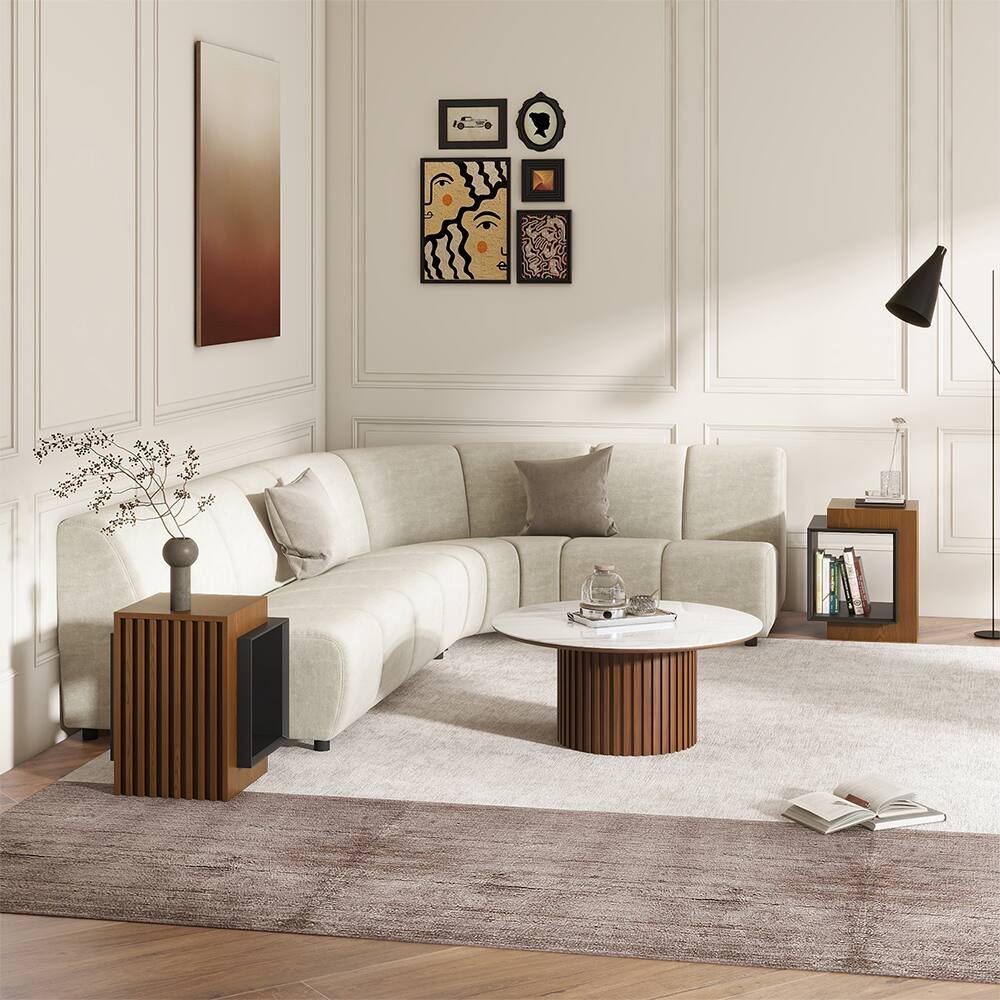 Alt View 7. POVISON - 18" Modern Wood Side Table with Storage, Minimalist Square Fluted End Table, Walnut & Black - Walnut & Black.