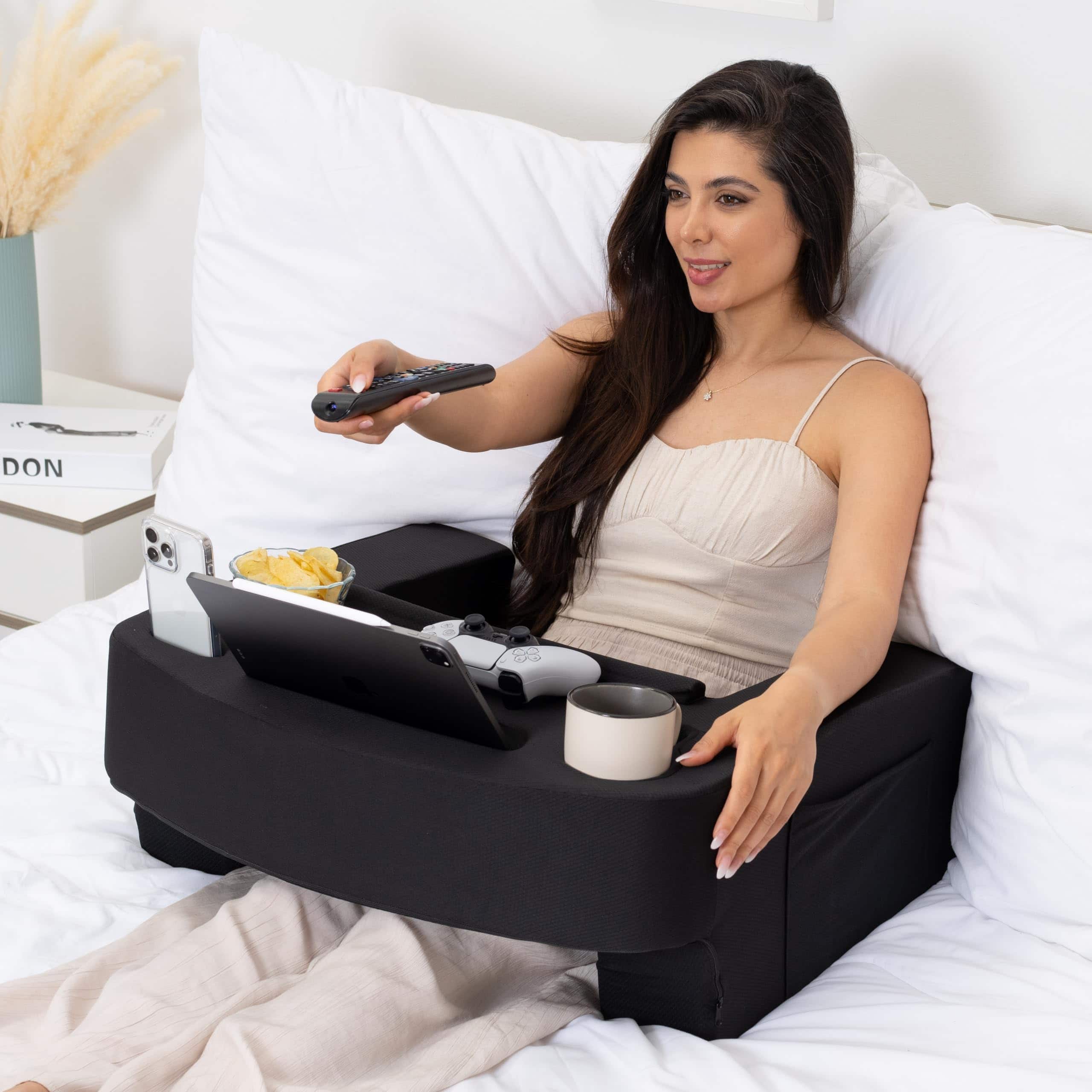 Fabibe - Reading Pillow For Gaming - Extra Large Lap Desk & Arm Rest With Cup Phone Holder Adjustable Heights Laptop - Black