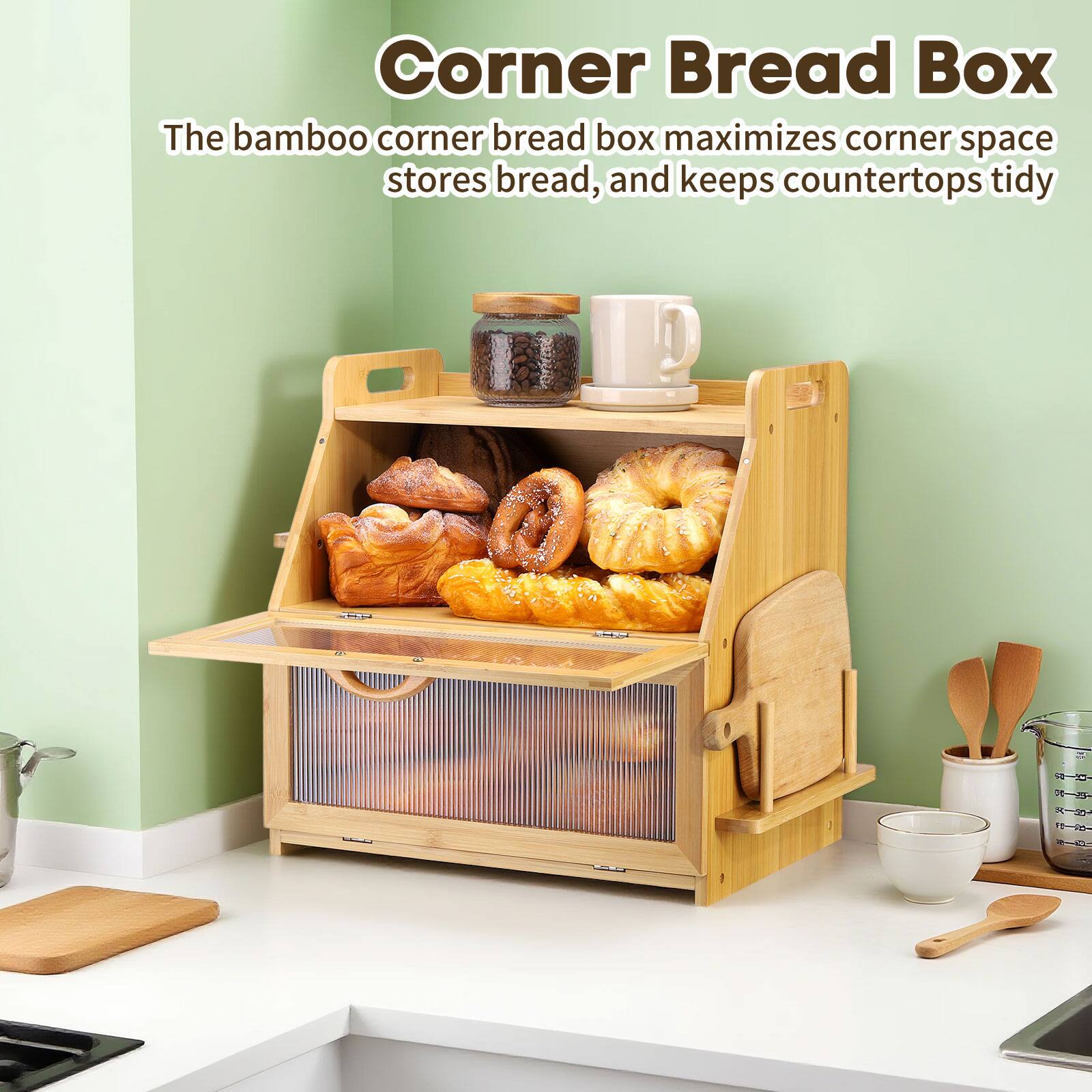 Corner Bread Box

The bamboo corner bread box maximizes corner space, stores bread, and keeps countertops tidy.