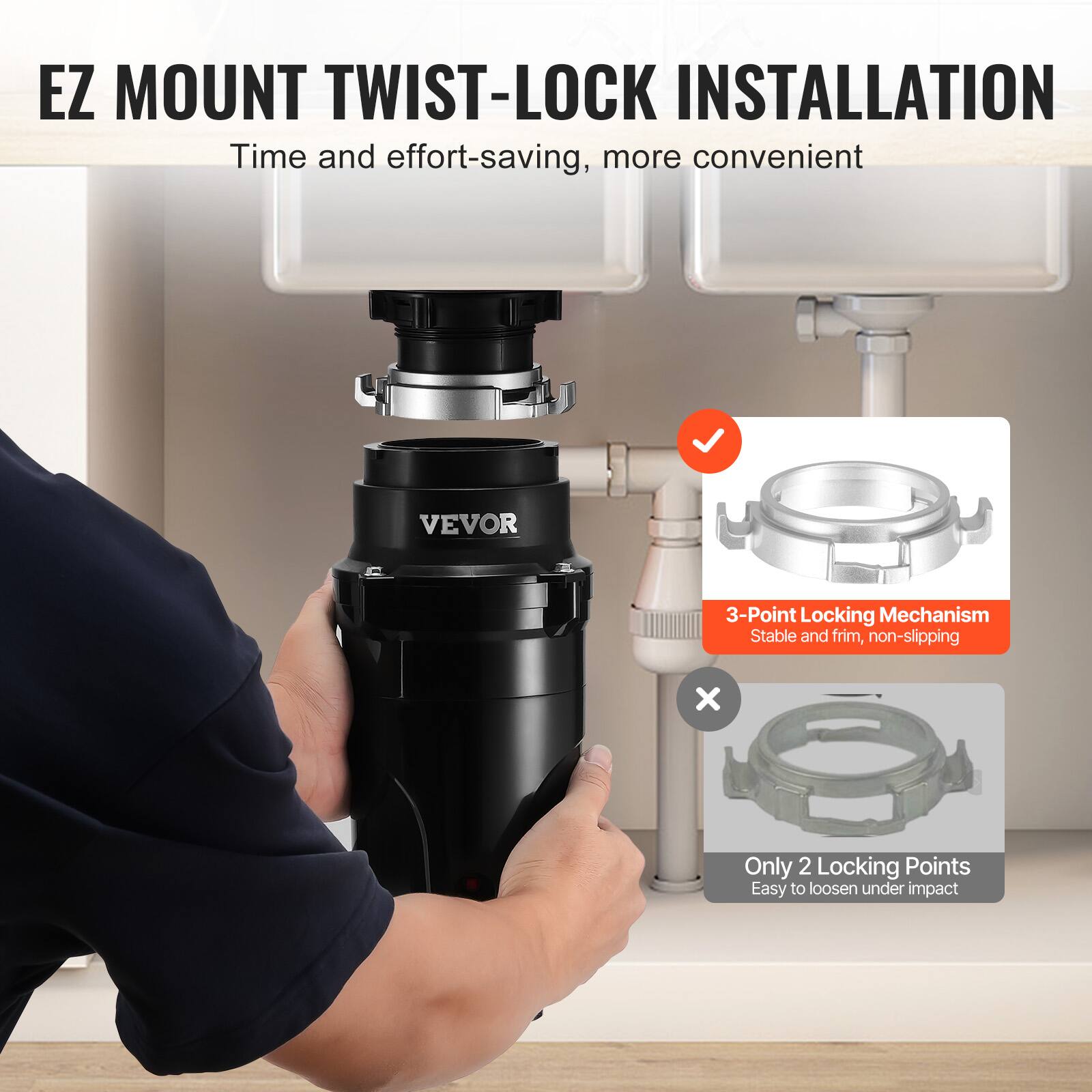 EZ MOUNT TWIST-LOCK INSTALLATION  
Time and effort-saving, more convenient  

VEVOR  
3-Point Locking Mechanism  
Stable and firm, non-slipping  

Only 2 Locking Points  
Easy to loosen under impact