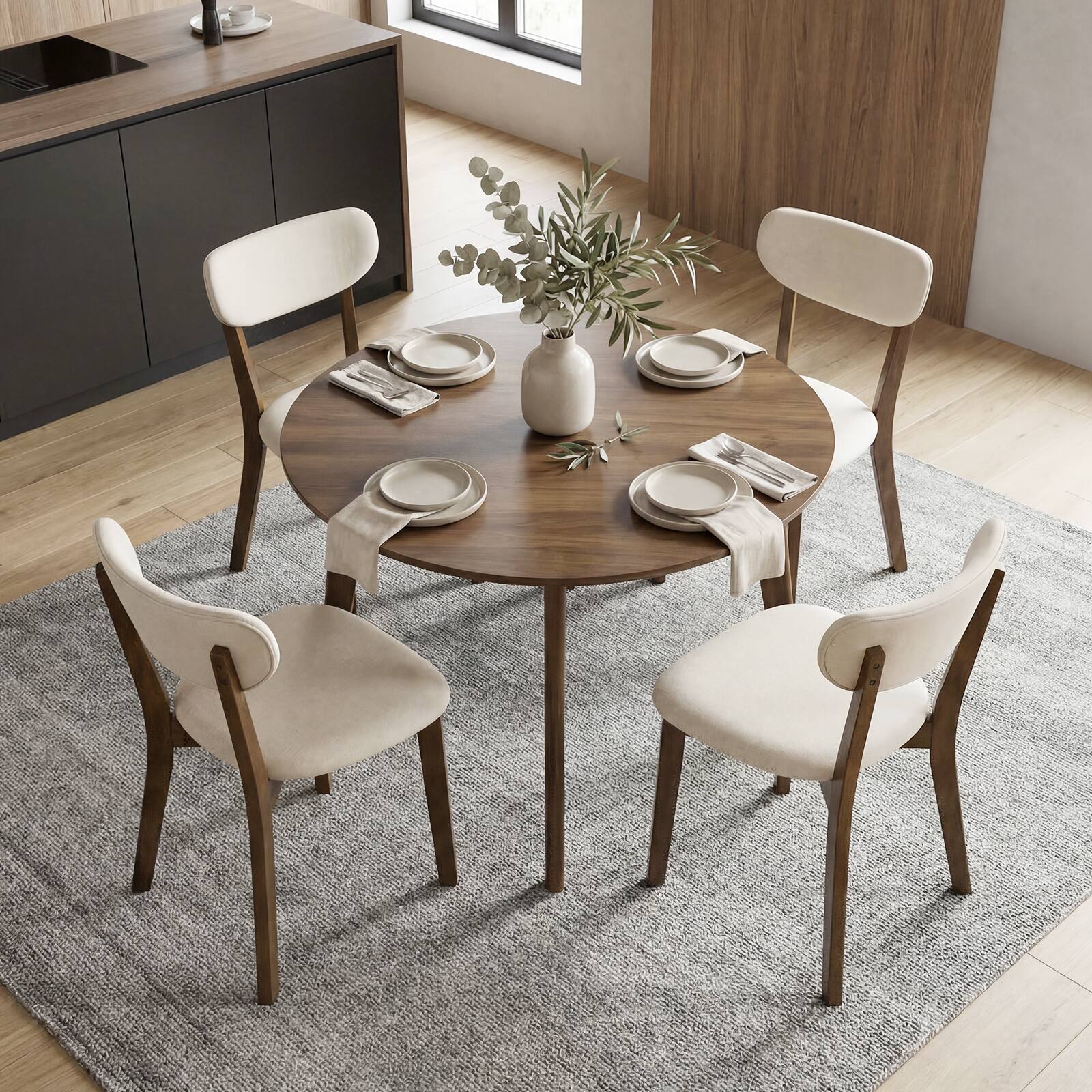 Alt View 1. Costway - Costway Upholstered Dining Chairs Set of 4 with Solid Rubber Wood Frame, Curved Backrest - Walnut & Beige.