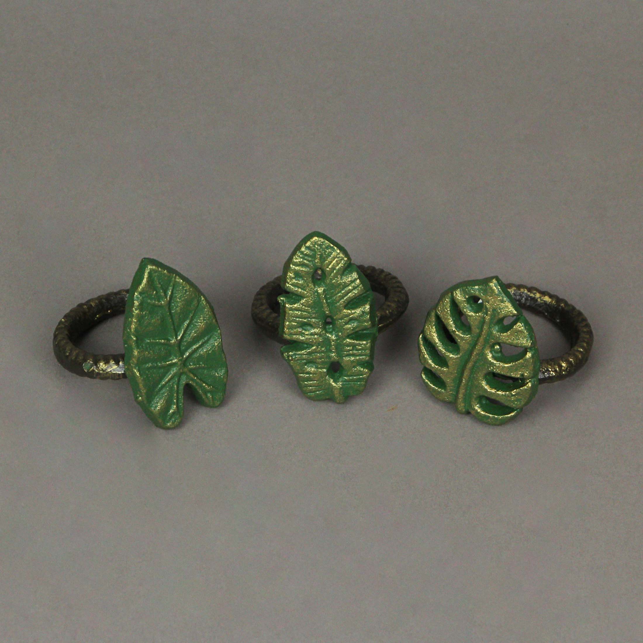 Alt View 1. Zeckos - Set of 6 Green Bronze Cast Iron Tropical Leaf Napkin Rings Dining Decor - Green.
