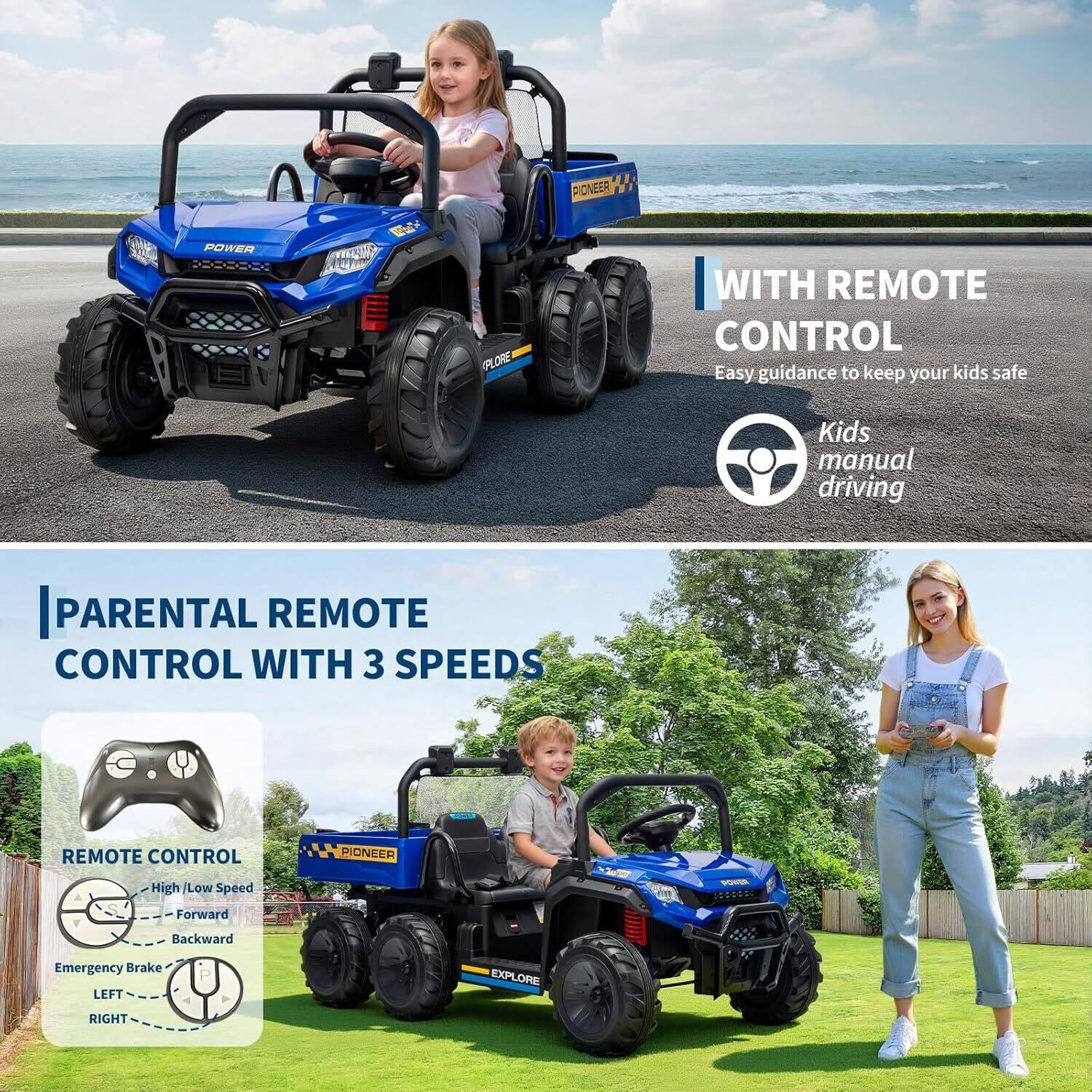**POWER PIONEER**

**WITH REMOTE CONTROL**
Easy guidance to keep your kids safe

**Kids manual driving**

**PARENTAL REMOTE CONTROL WITH 3 SPEEDS**

**REMOTE CONTROL**
- High / Low Speed
- Forward
- Backward
- Emergency Brake
- LEFT
- RIGHT