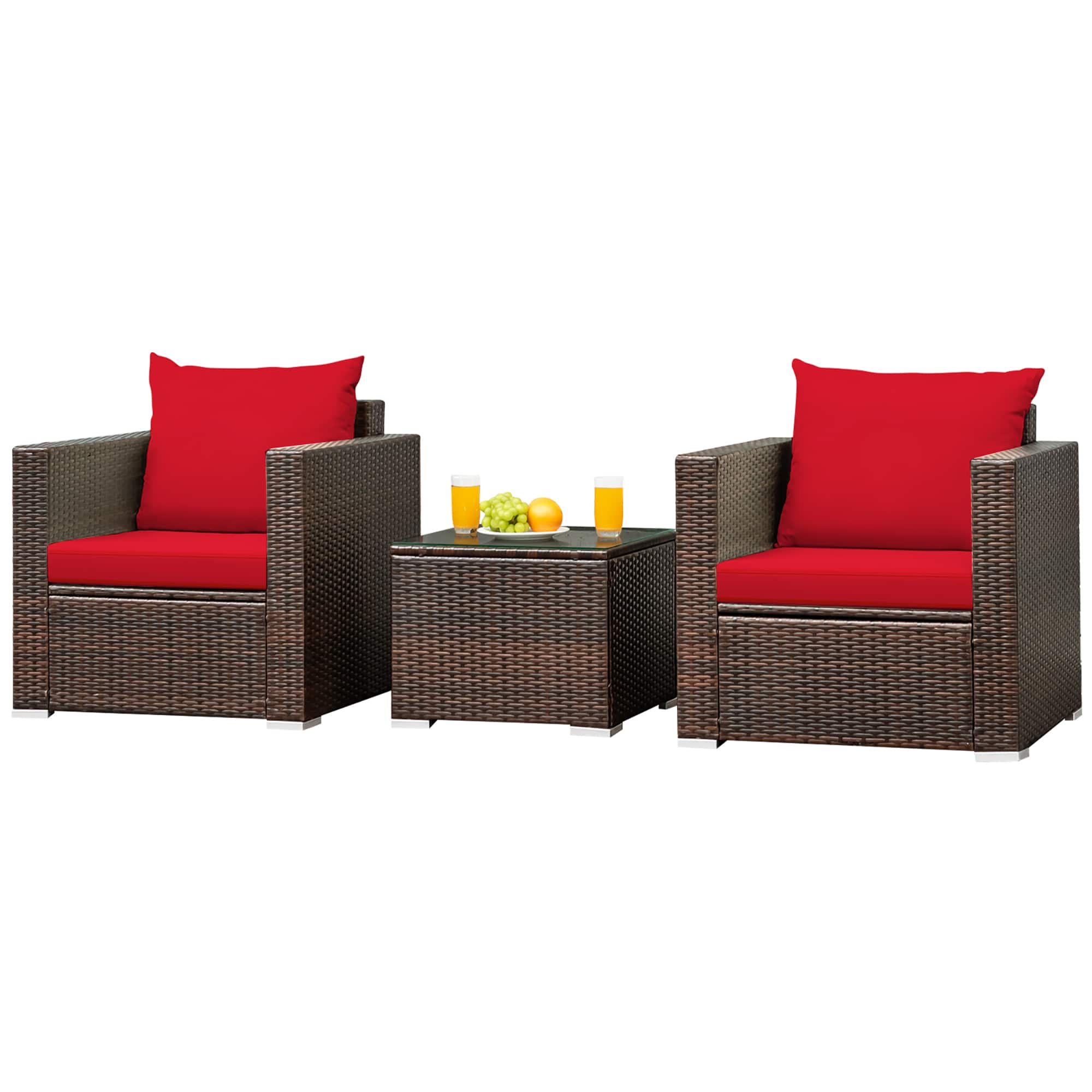 Costway - 3PCS Patio Rattan Furniture Set Conversation Sofa Cushioned Garden - Red