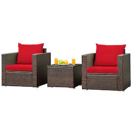 Costway - 3PCS Patio Rattan Furniture Set Conversation Sofa Cushioned Garden - Red