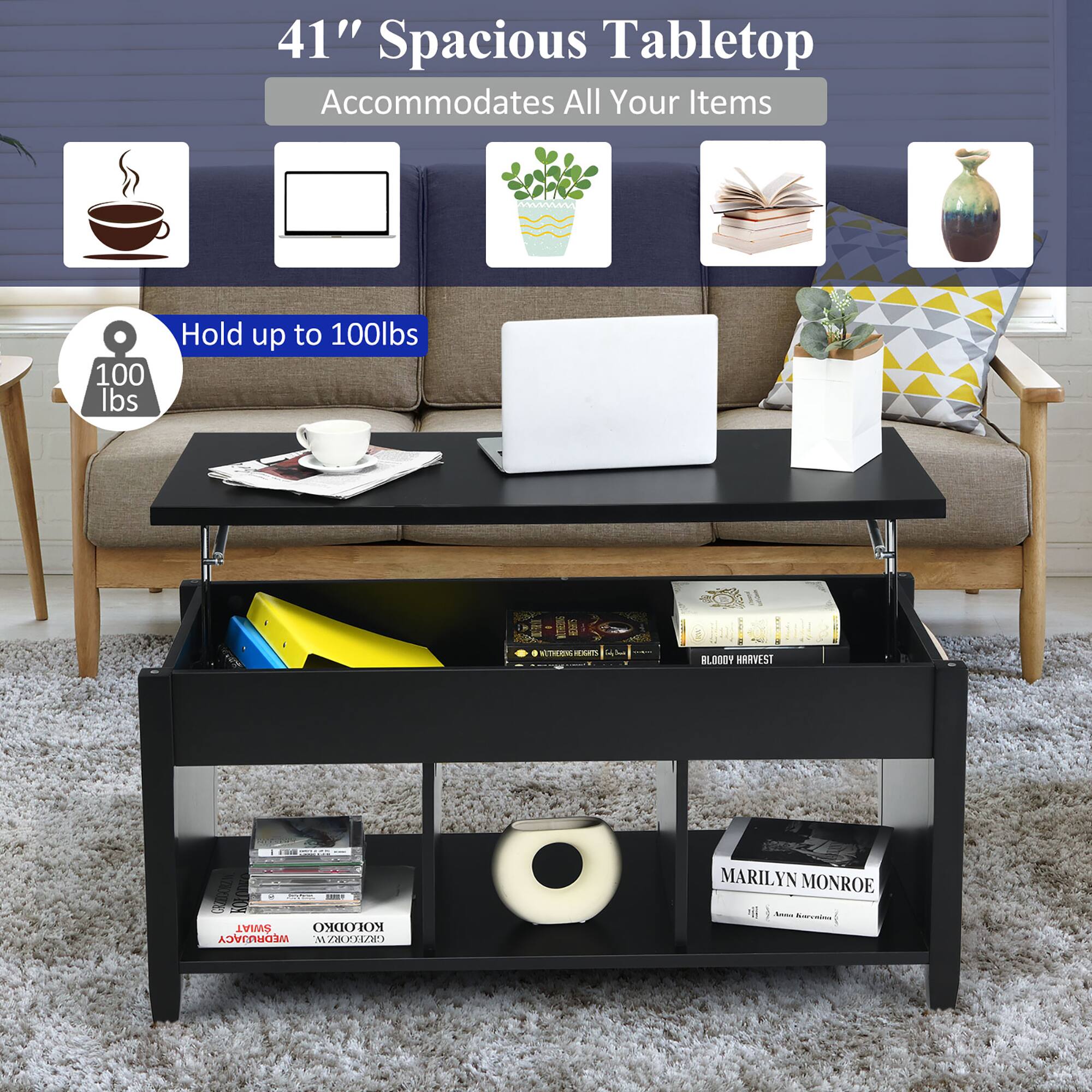 The text on the image reads: "41" Spacious Tabletop Accommodates All Your Items 100 lbs Hold up to 100lbs T BLOODY HRRVEST SWIAT C WEDRUJACY M M/Z MARILYN MONROE I - Rnorcni."