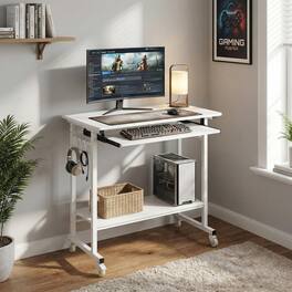 Pefilos - Rolling Laptop Table with Pull-out Keyboard Tray & Hooks, Mobile Storage Desk for Home Office Bedroom Dorm, Casters - White