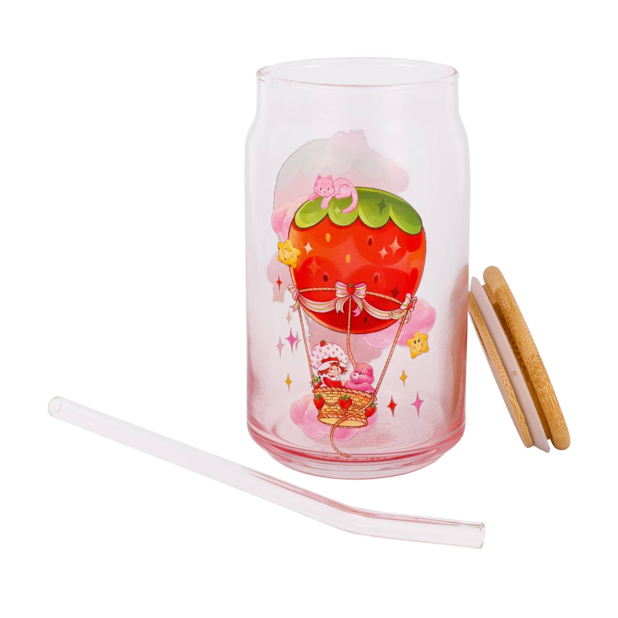 Alt View 2. Silver Buffalo - Care Bears x Strawberry Shortcake 16-Ounce Glass Tumbler With Lid and Straw - Pink.