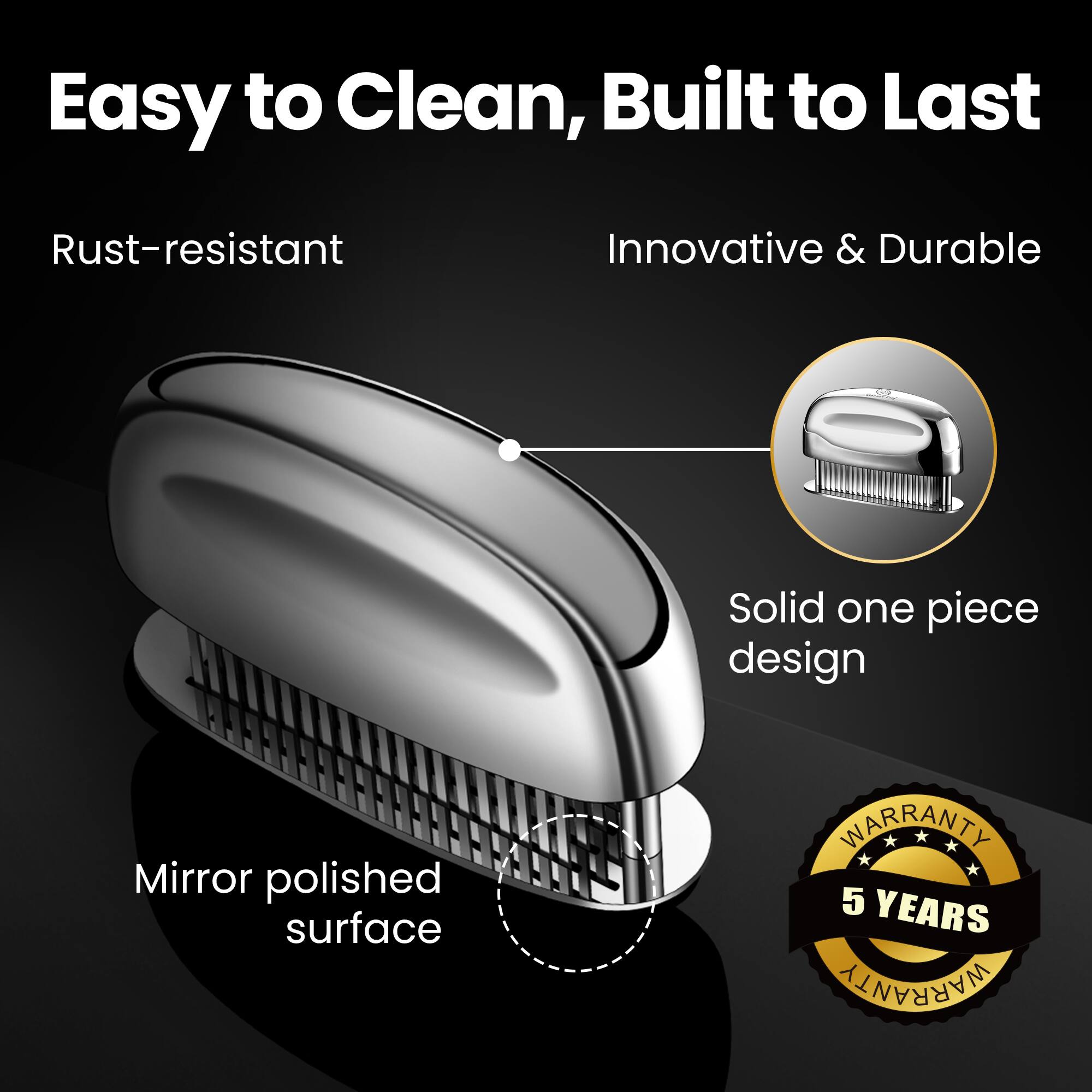 Back. Gourmet Easy - Meat Tenderizer Tool, Ultra Sharp Needle Blades 100% Stainless-Steel, Heavy-Duty Kitchen Gadgets - Stainless Steel.