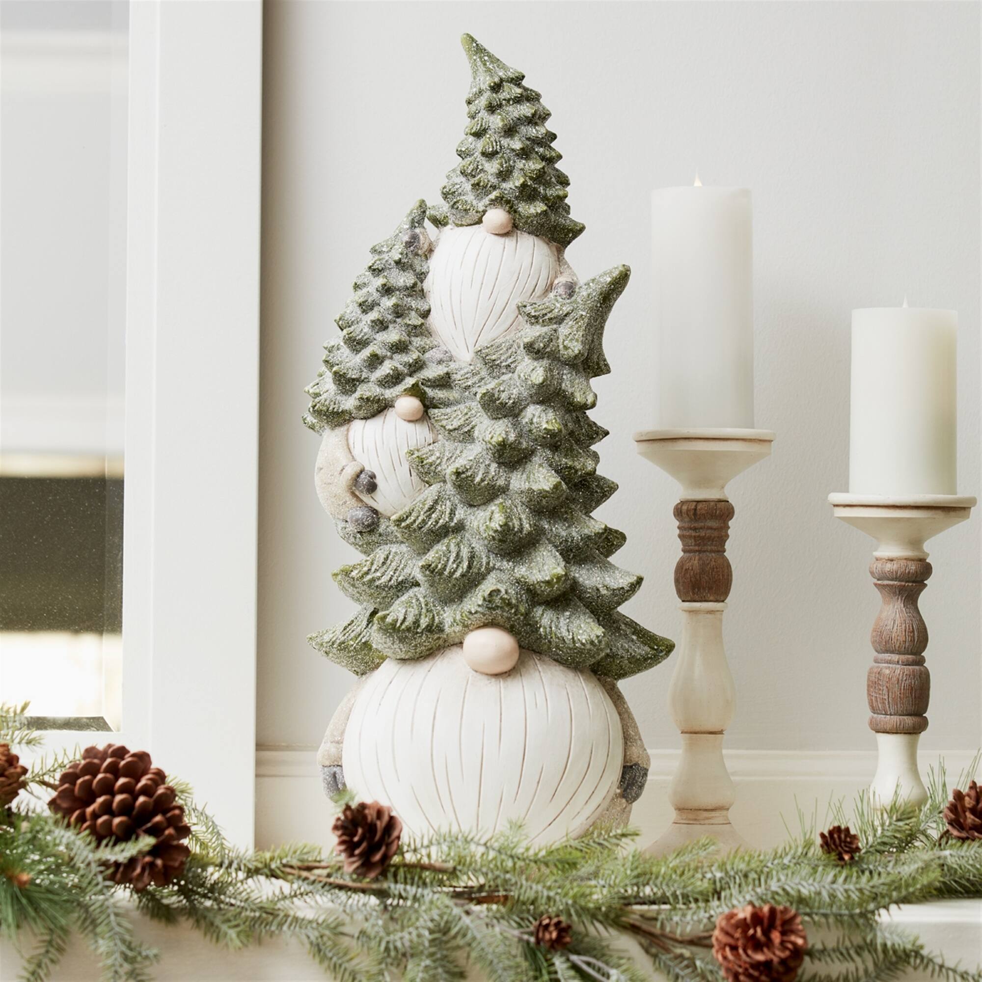 Angle. BreeBe - Stone Holiday Gnome Stack with Pine Tree Hat 23.25"H - Green, White.