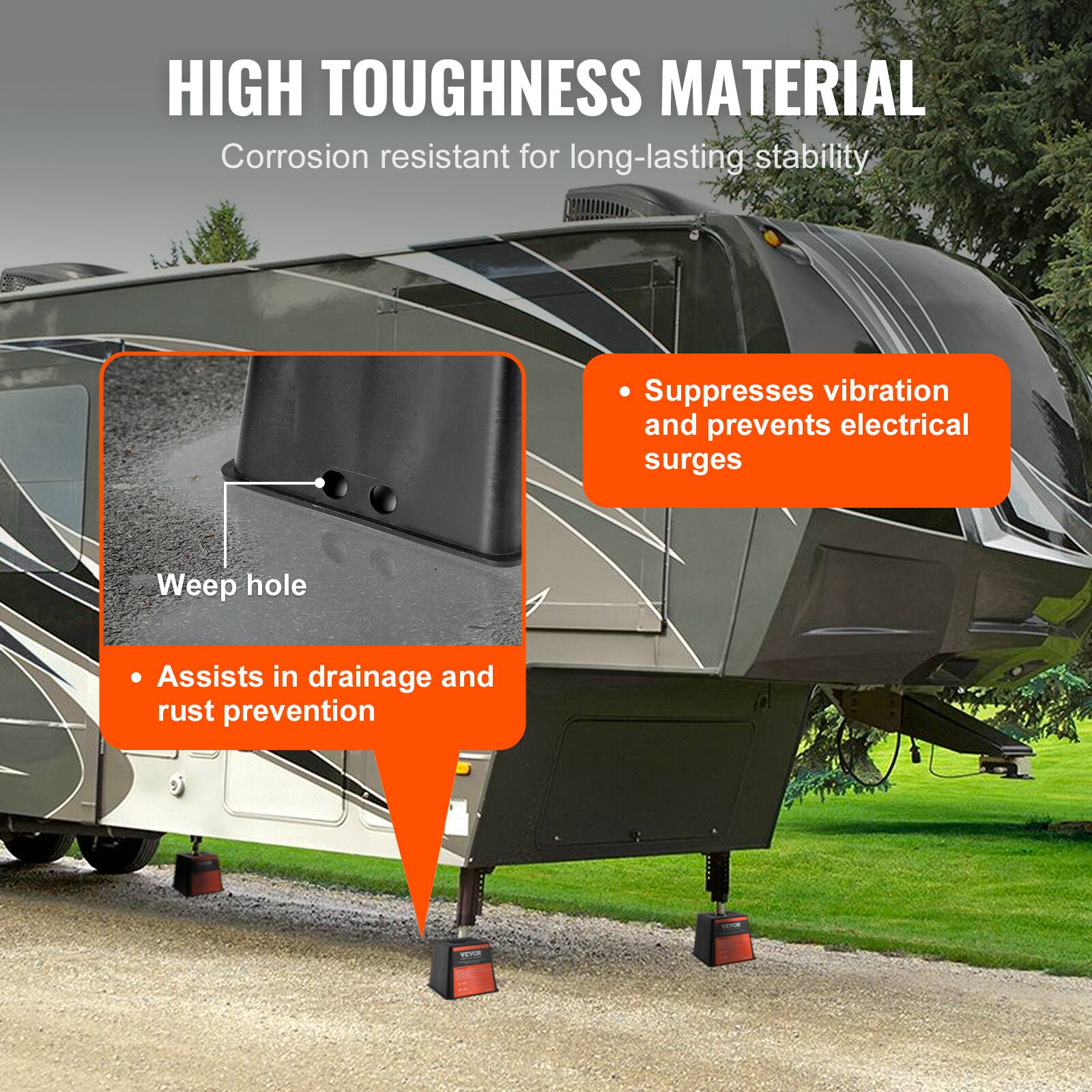 HIGH TOUGHNESS MATERIAL  
Corrosion resistant for long-lasting stability

- Suppresses vibration and prevents electrical surges
- Weep hole
- Assists in drainage and rust prevention