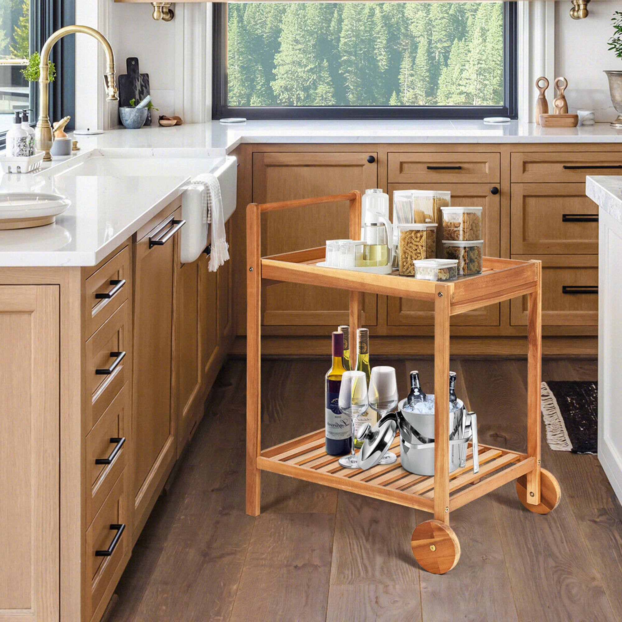 Alt View 2. Gymax - Gymax 2-Tier Acacia Rolling Kitchen Trolley Cart Dining Serving Cart Outdoor w/ Wheels - Natural.