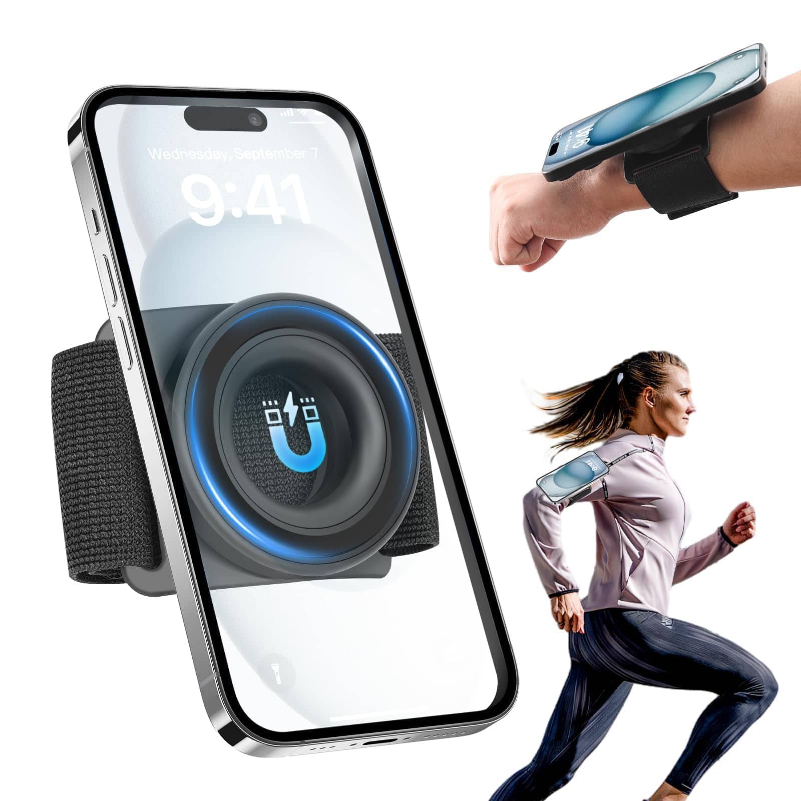 PO3TICJUNKI3 - Magnetic Running Phone Holder For Hd Mirror Anti drop Rope Gym yoga 360 Rotatable Wrist Fits 16 Pro Android - Black