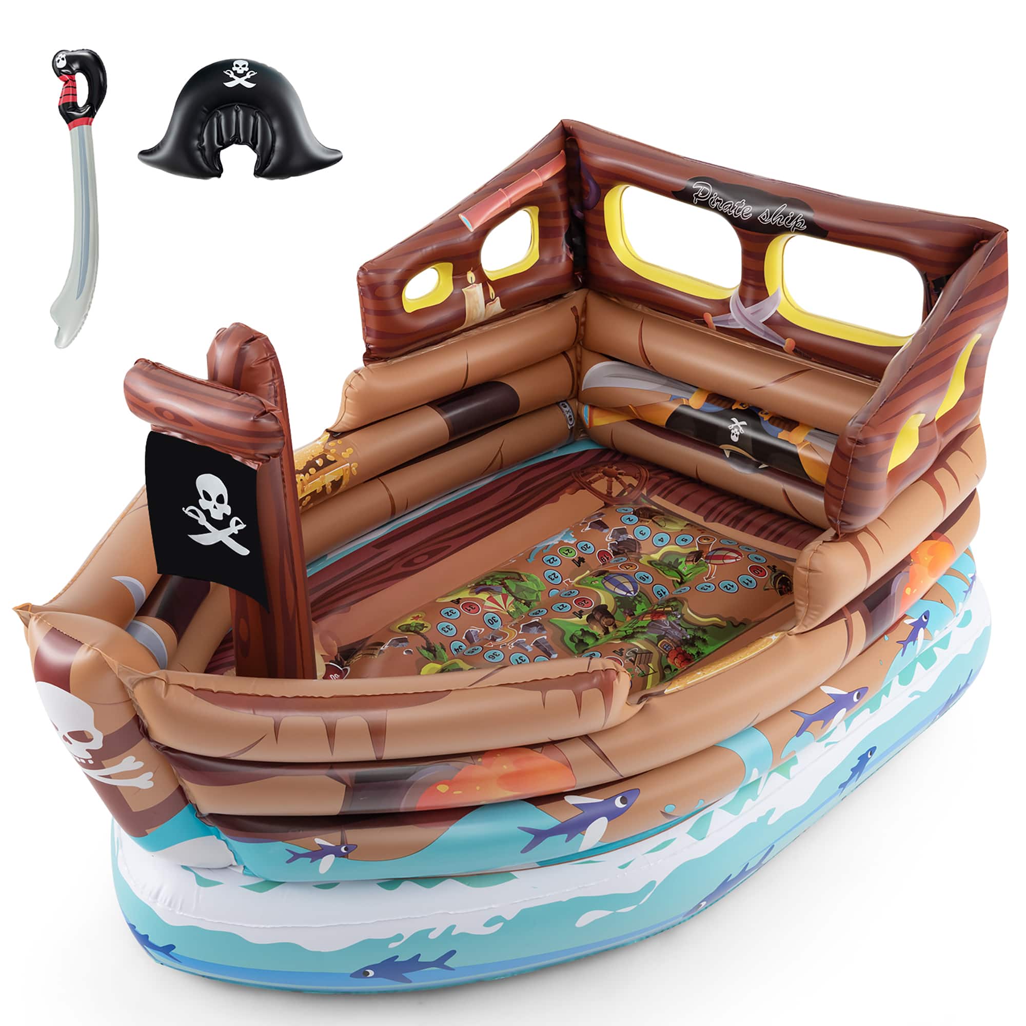 Gymax - Inflatable Pirate Ship Playhouse w/ Built in Motor Inflatable Toy Sword - Multicolor
