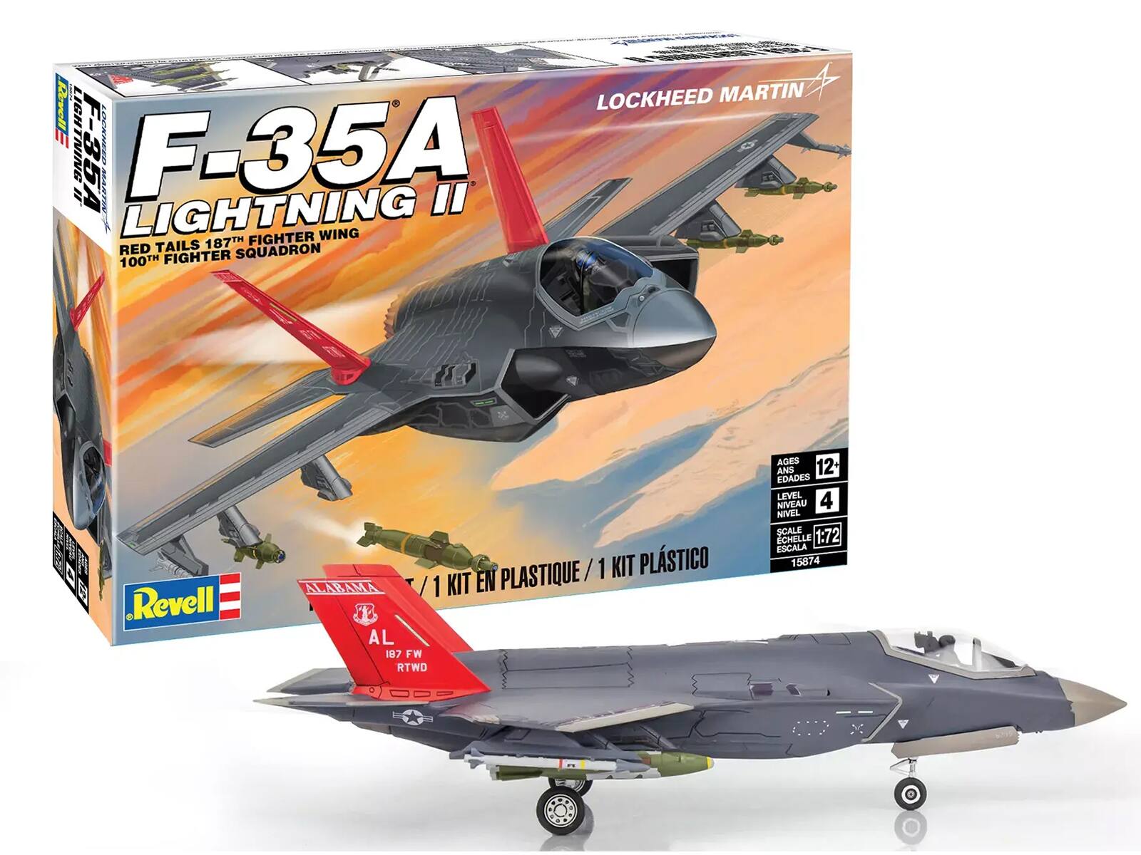 LOCKHEED MARTIN F-35A LIGHTNING II  
RED TAILS 187TH FIGHTER WING  
100TH FIGHTER SQUADRON  

Revell  
1 KIT EN PLASTIQUE / 1 KIT PLÁSTICO  
AGES 12+  
NIVEAU 4  
SCALE 1:72  
15874