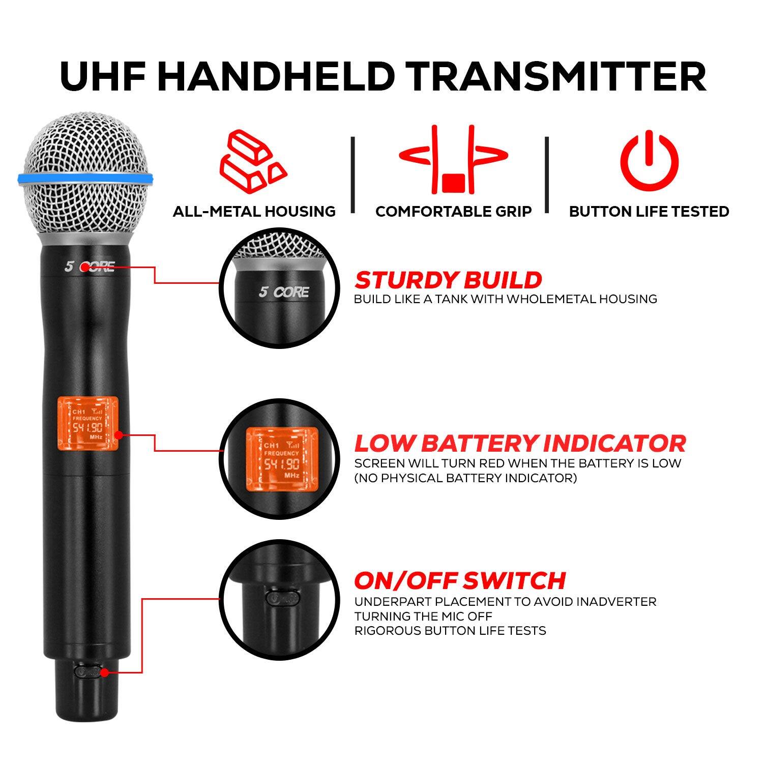 UHF HANDHELD TRANSMITTER
ALL-METAL HOUSING
COMFORTABLE GRIP
BUTTON LIFE TESTED
STURDY BUILD
BUILD LIKE A TANK WITH WHOLEMETAL HOUSING
LOW BATTERY INDICATOR
SCREEN WILL TURN RED WHEN THE BATTERY IS LOW (NO PHYSICAL BATTERY INDICATOR)
ON/OFF SWITCH
UNDERPART PLACEMENT TO AVOID INADVERTER TURNING THE MIC OFF
RIGOROUS BUTTON LIFE TESTS