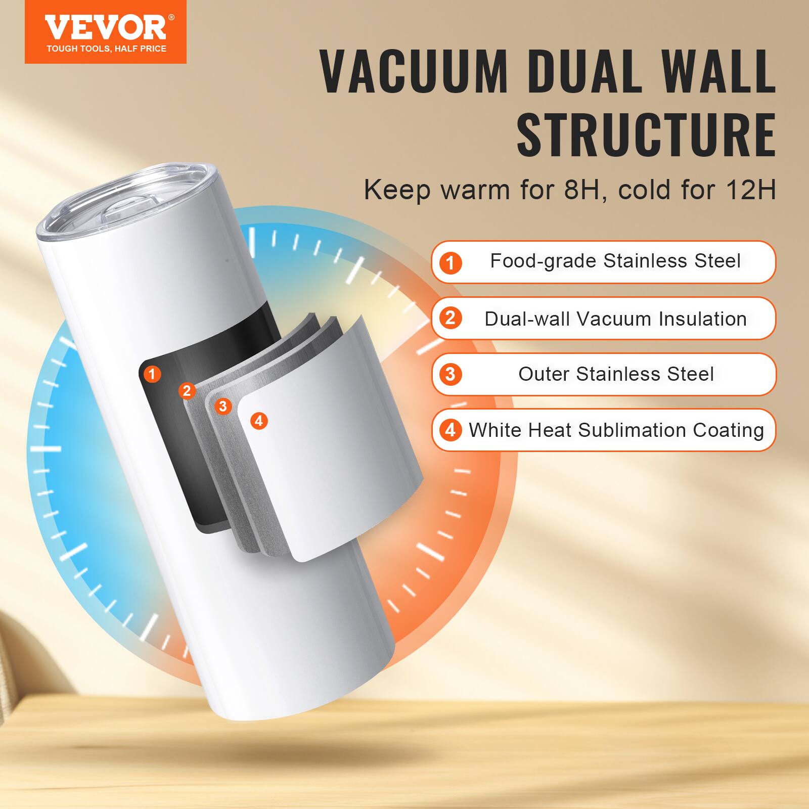 VEVOR  
TOUGH TOOLS, HALF PRICE  

VACUUM DUAL WALL STRUCTURE  
Keep warm for 8H, cold for 12H  

1. Food-grade Stainless Steel  
2. Dual-wall Vacuum Insulation  
3. Outer Stainless Steel  
4. White Heat Sublimation Coating