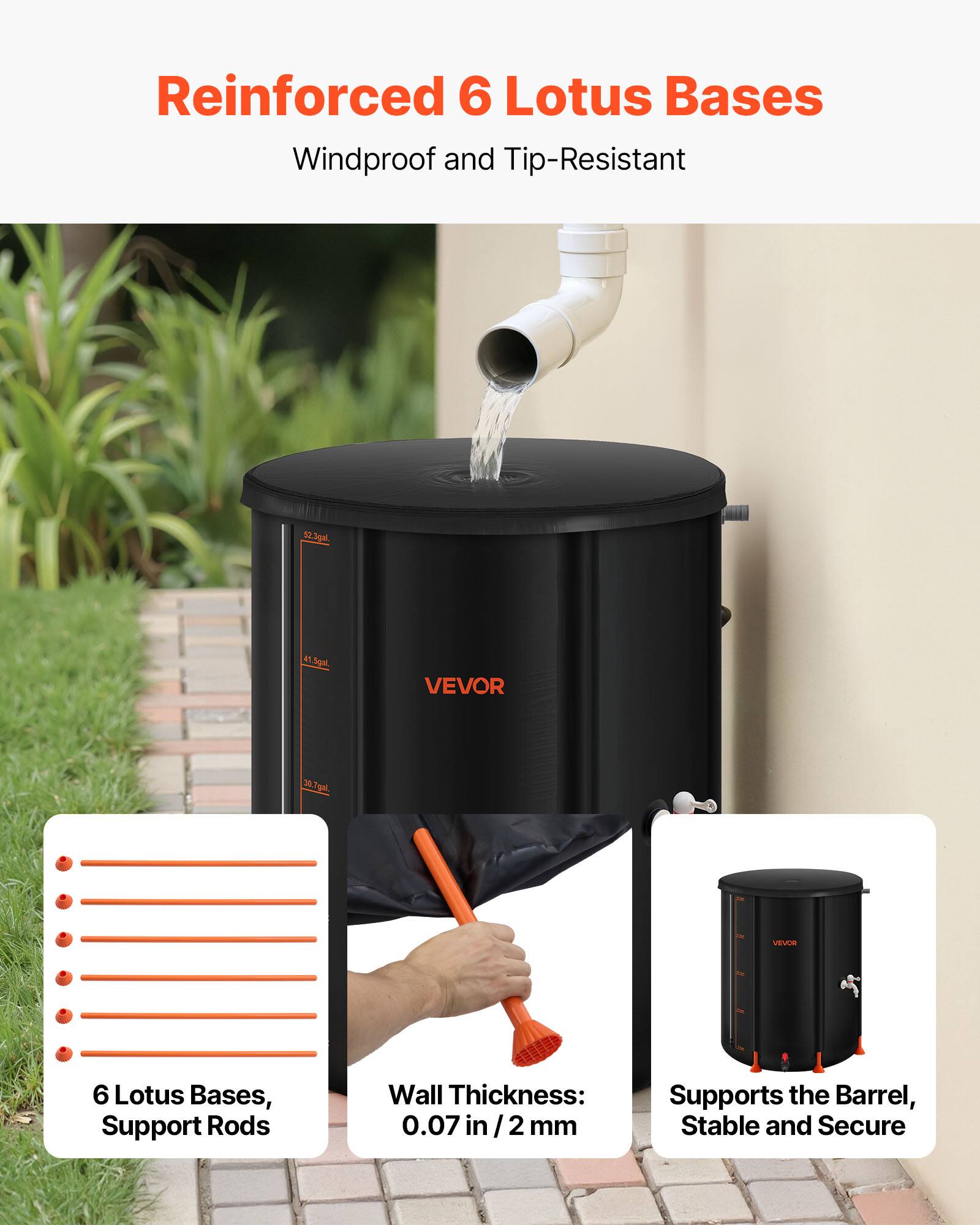 Reinforced 6 Lotus Bases  
Windproof and Tip-Resistant  

6 Lotus Bases, Support Rods  
Wall Thickness: 0.07 in / 2 mm  
Supports the Barrel, Stable and Secure