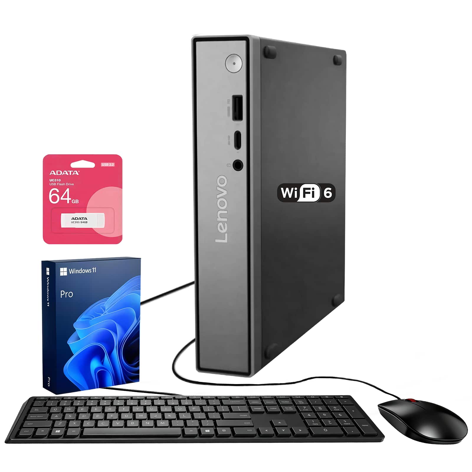 Lenovo - ThinkCentre Neo 50q Gen 5 Desktop - Intel Core i3-1315U with 8GB RAM 512GB SSD - Wired K & M - Adata 64GB USB Drive - Black