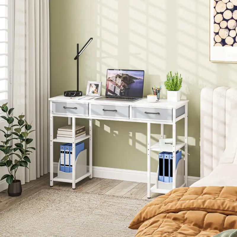 Left. Anysun - 47" Small Computer Desk with Fabric Drawers & Adjustable Shelves, Space-Saving Home Office Writing Desk - White.